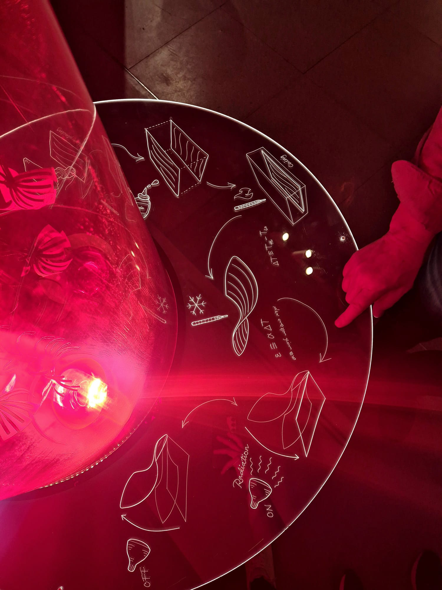Displacement of Frustrated Material by Radiation Vector illustration etched on glass and illuminated by LED, 90 cm radius Photo by: Amit Levy Exhibit by: Hagar Harel