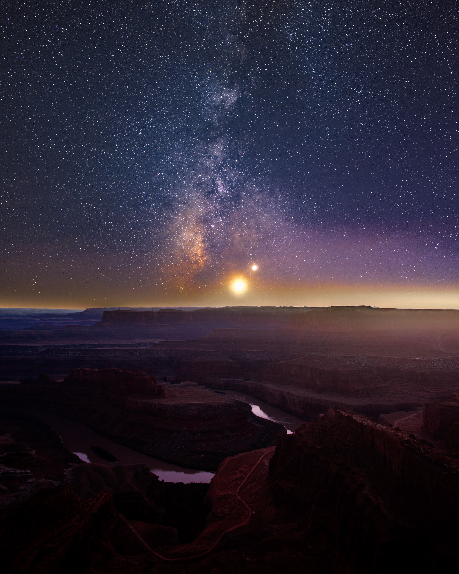 Milky Way, the moon, and Venus over Dead Horse Point, Utah