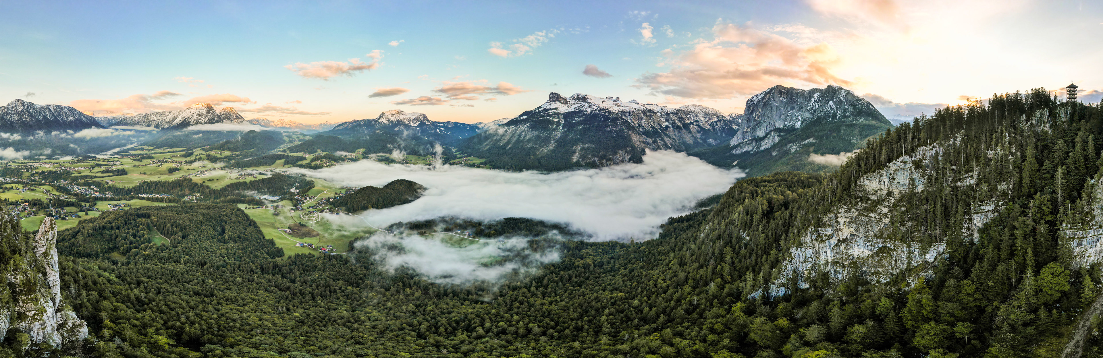 Panoramic view of Austrian Alpine Lake from above, with a small cloud inversion and extensive mountains, Altausee, Bad Aussee, Styria, Austria