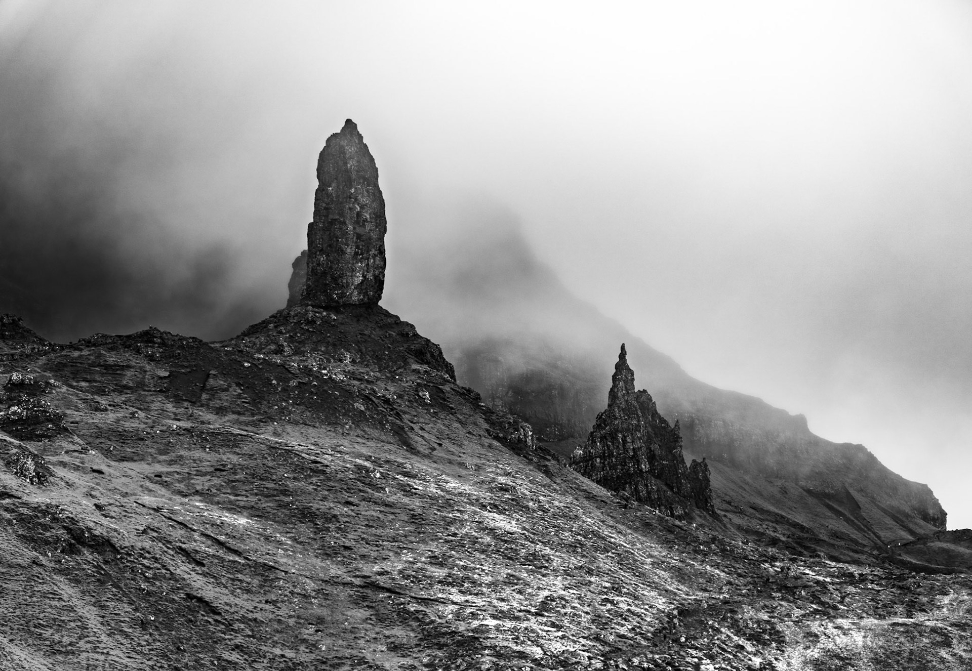 The Old Man of Storr, Isle of Skye, Scotland in Black and White under low cloud