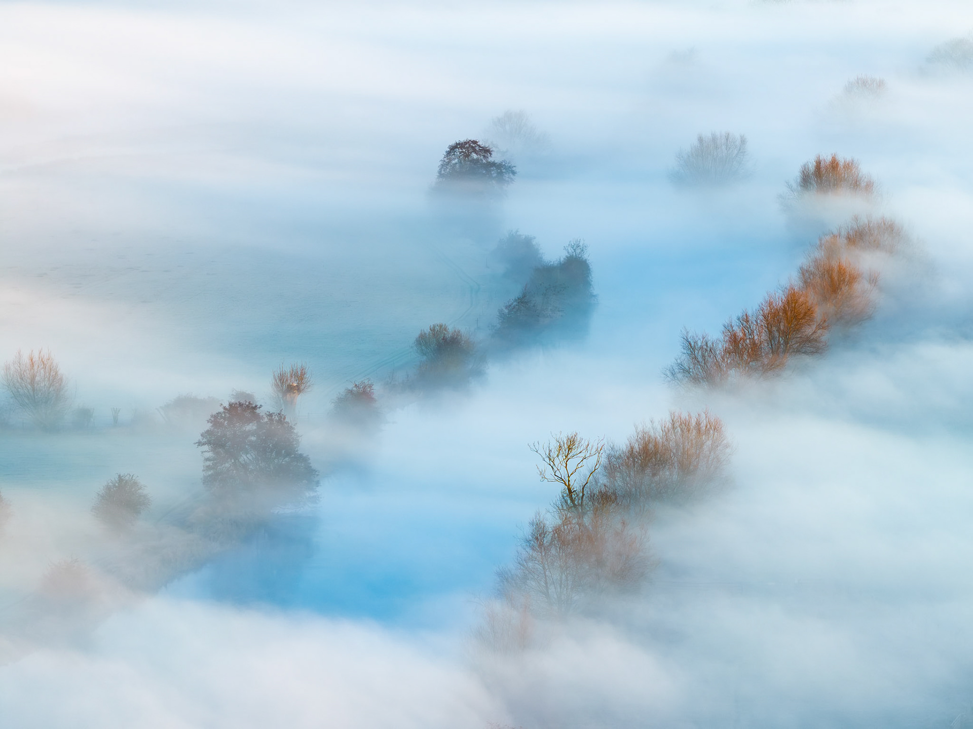 A temperature inversion smothers the Thames valley near Wallingford, leaving only the crowns of riparian trees and the ghost of the river channel visible from altitude. The cool blue of open water mirrors the sky between successive fog banks, while amber willow stems provide the only warm note in an otherwise tonal composition. Captured at dusk in mid-December, the image reads as pure abstraction without surrendering its sense of place.
