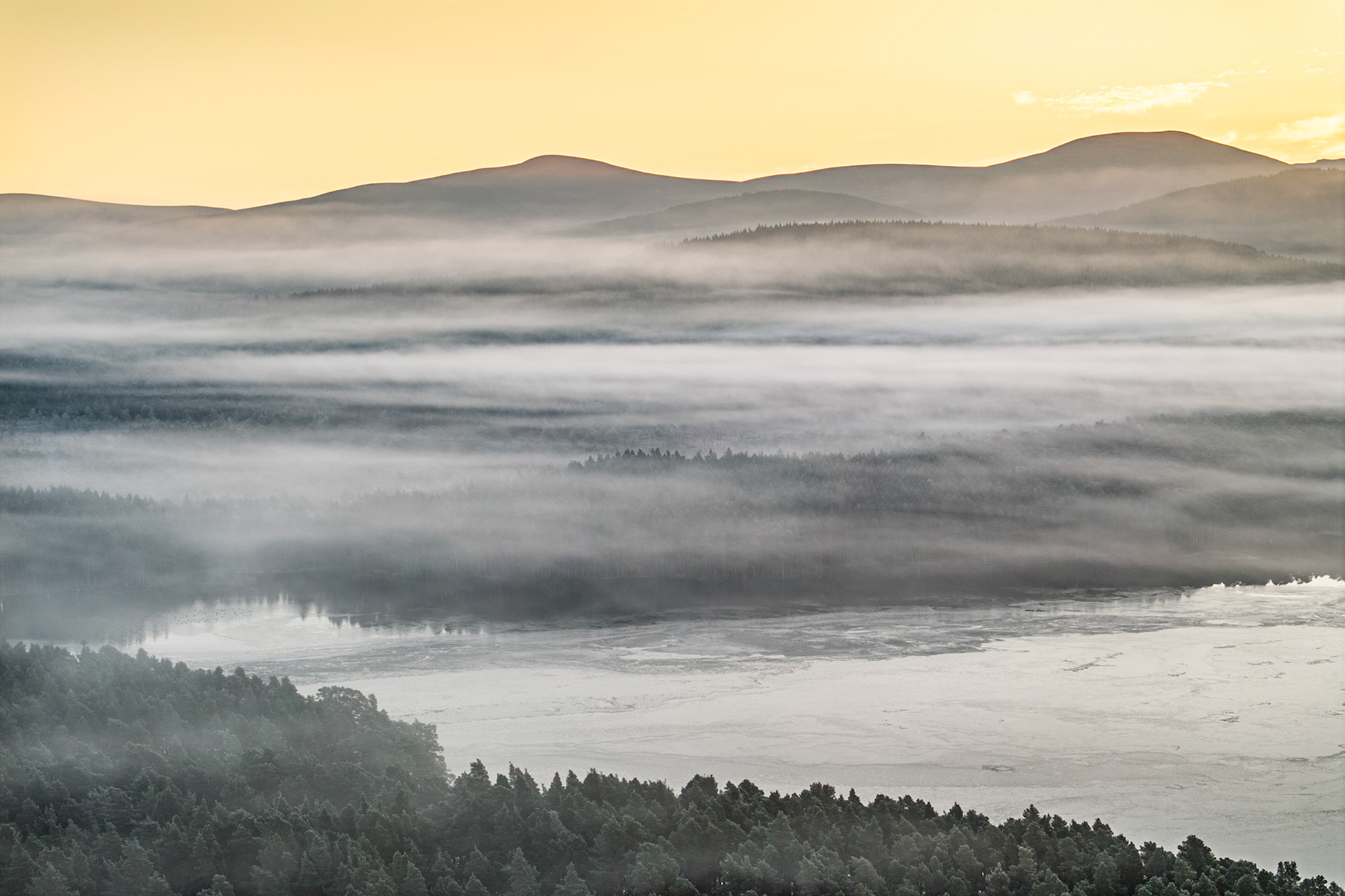 A temperature inversion fills the Spey valley at dawn on Christmas morning, submerging the Caledonian pinewoods of Boat of Garten beneath layered fog while the Cairngorm summits hold clear above. The loch surface below catches faint light between drifting mist banks, and the warm amber sky above the plateau draws a precise tonal separation between the two worlds.