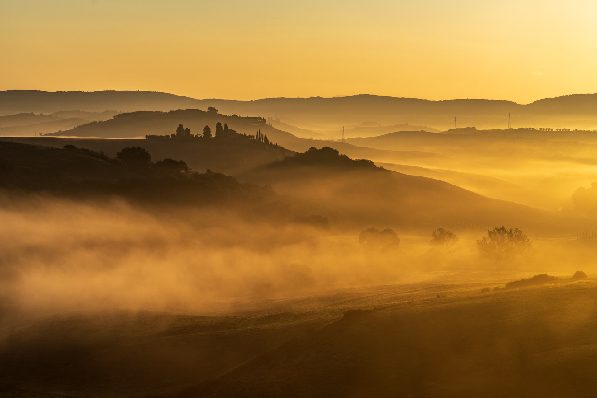 Ground fog pools in the valleys between successive hill ridges as dawn breaks, each layer of mist separating the silhouetted landforms into distinct tonal planes. Cypress-like trees on a central knoll provide the only vertical counterpoint to the horizontal banding of fog and hillside. The warm ochre cast of the low sun reduces the scene to near-monochrome warmth, suppressing detail in favour of recession and depth.