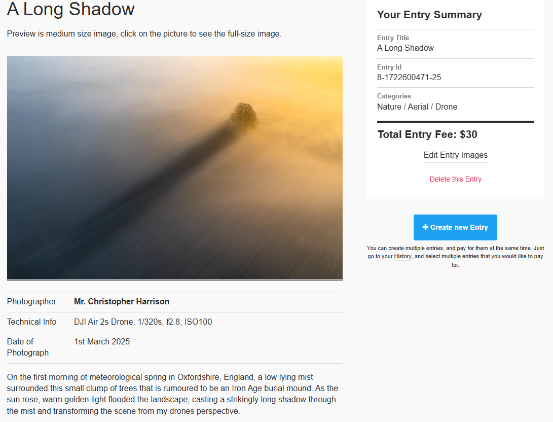 A screenshot of my entry to the International Photography Awards 2025 - A Long Shadow