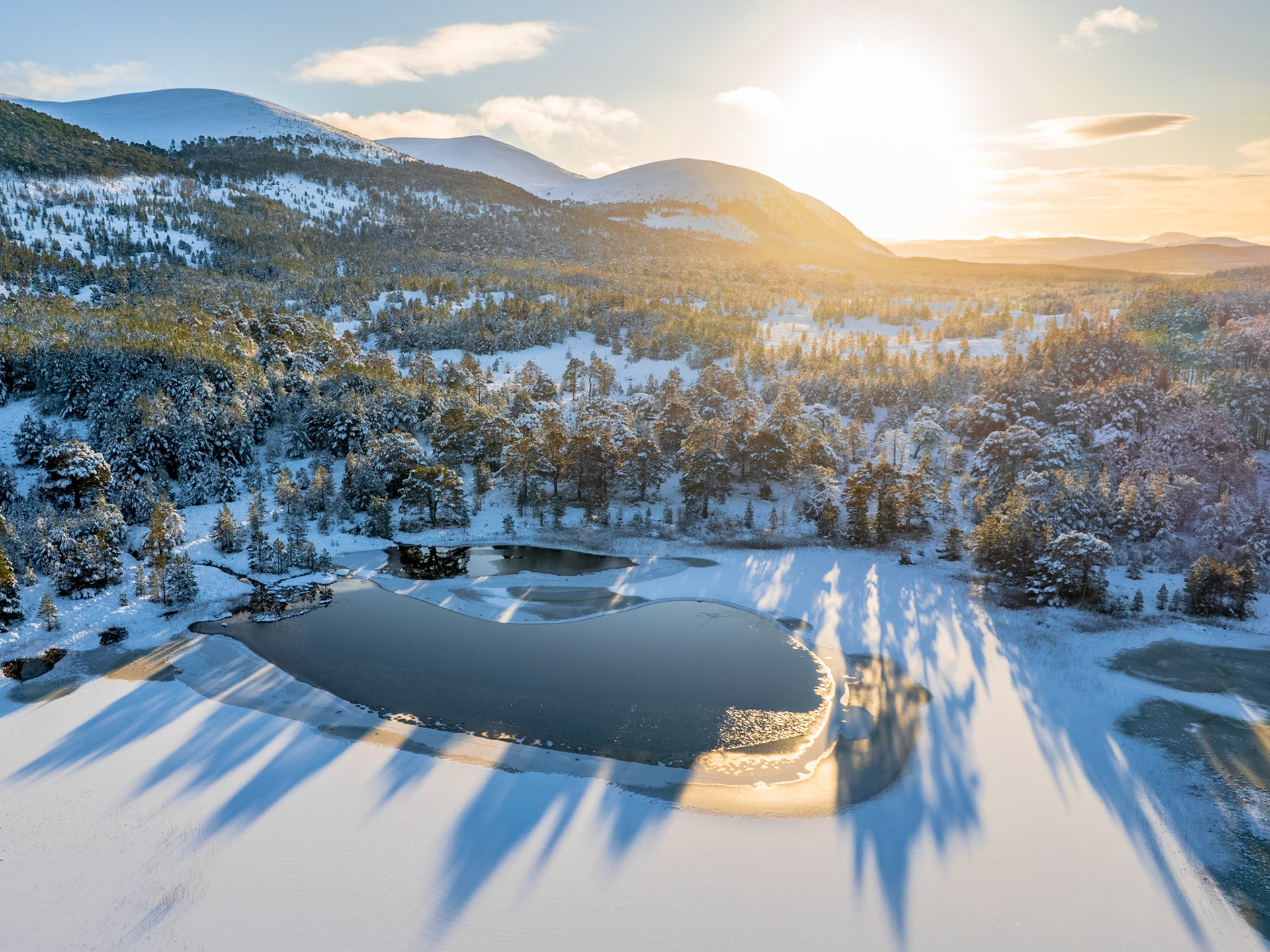 A partially frozen lochan sits among snow-laden Scots pine on the Cairngorms plateau, long tree shadows raking across the snowfield as low January sun breaks behind the massif. The aerial vantage reveals the geometry of ice margin against open water and the radiating shadow pattern that ground-level photography could not yield. Aviemore hinterland, Scottish Highlands.