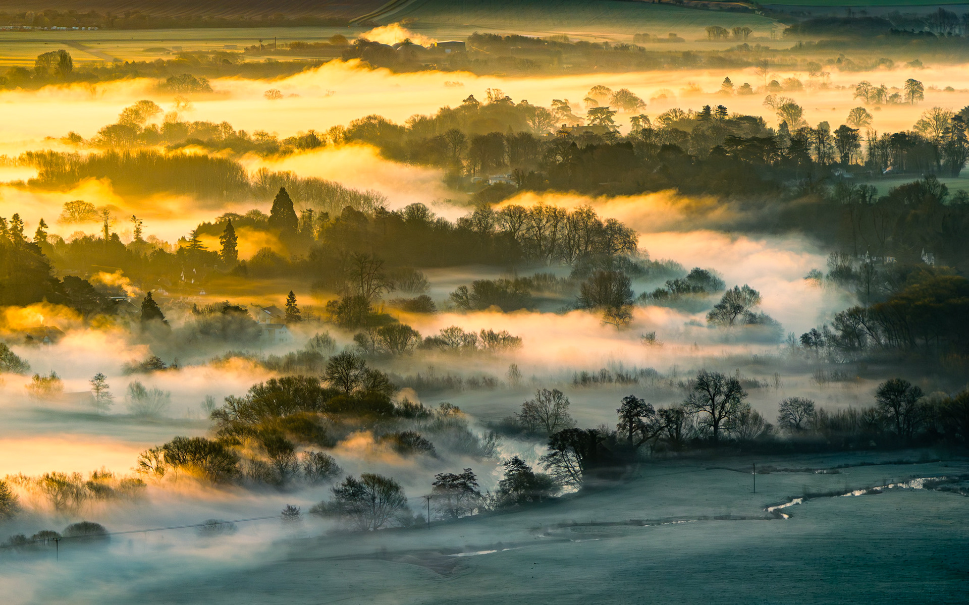 A temperature inversion settles across the Thames Vale near Wallingford, Oxfordshire, at the spring equinox. Layers of ground fog pool between bare-limbed trees, back-lit by a low sun that turns the upper mist to amber while the foreground remains in cool shadow. The effect reveals the valley's topography as a series of receding planes, each defined by light rather than land.