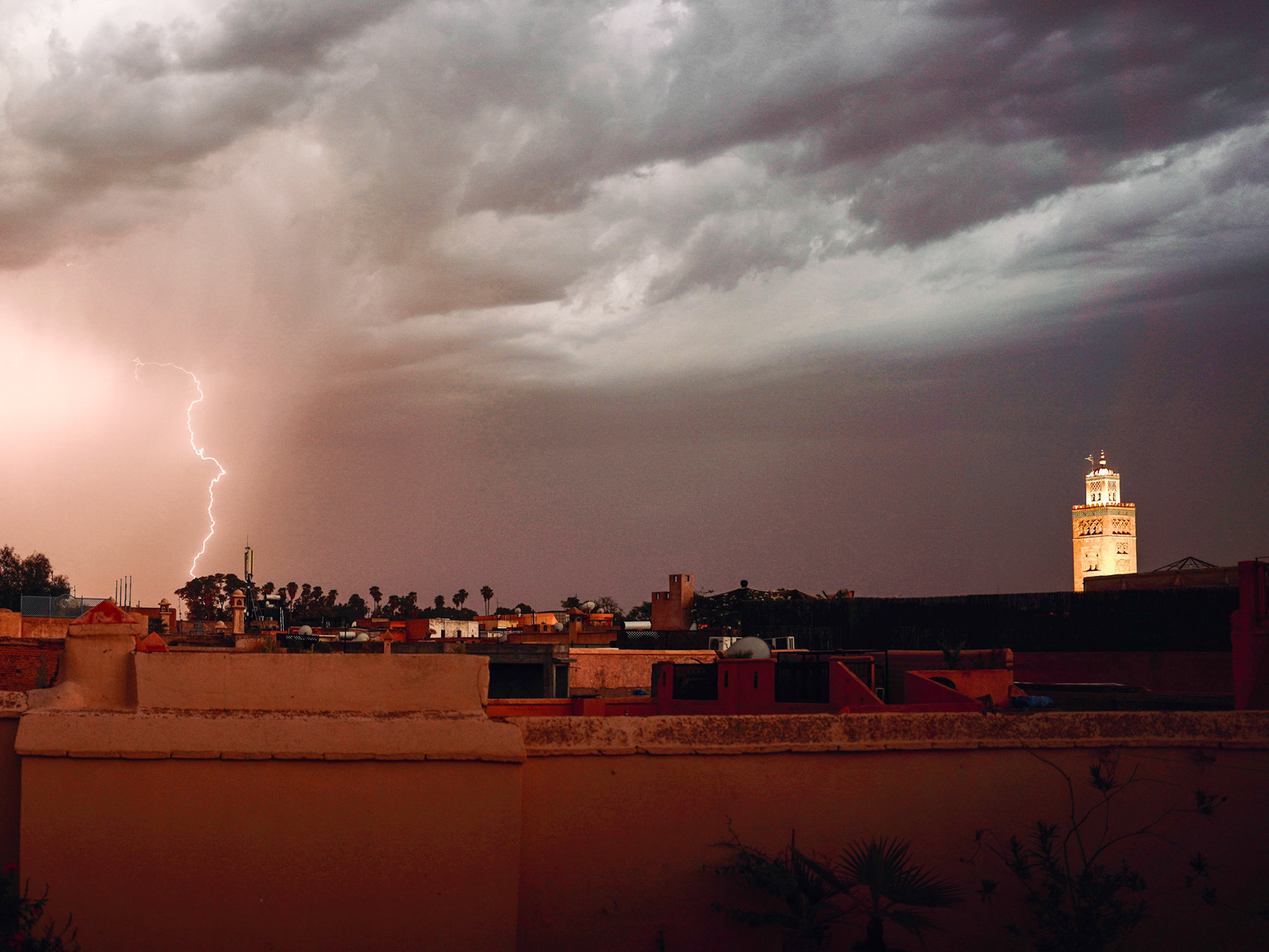 Lightning strikes Marrakech during 45 degree heat in the summer of 2023, Morocco