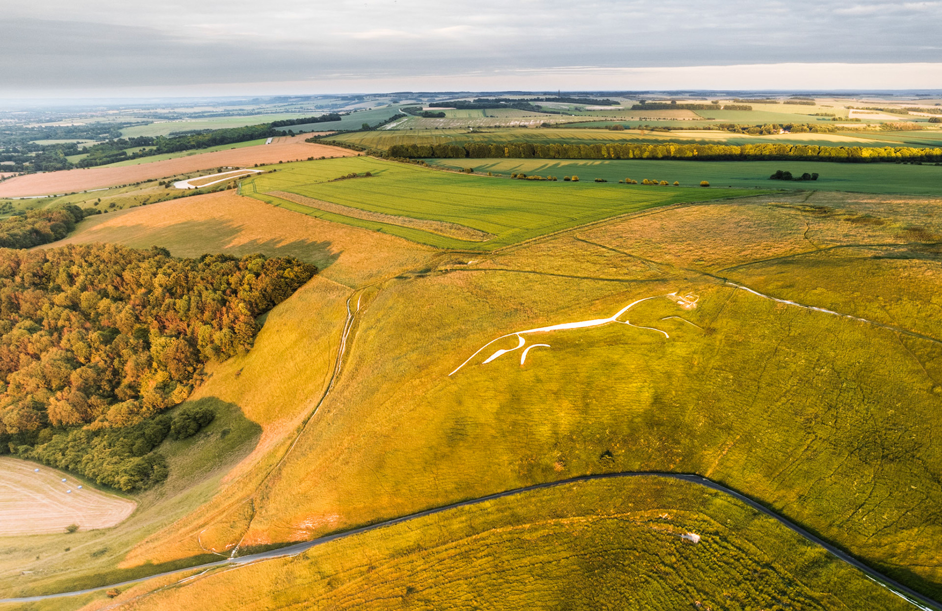 The Uffington White Horse — an Iron Age chalk figure on the Berkshire Downs — seen from altitude in raking evening light that sharpens the carved outline against the hillside. Autumn-toned woodland flanks the scarp to the left, while the patchwork Vale of White Horse extends to a soft horizon. The low sun briefly unifies figure and landscape in a single warm register.