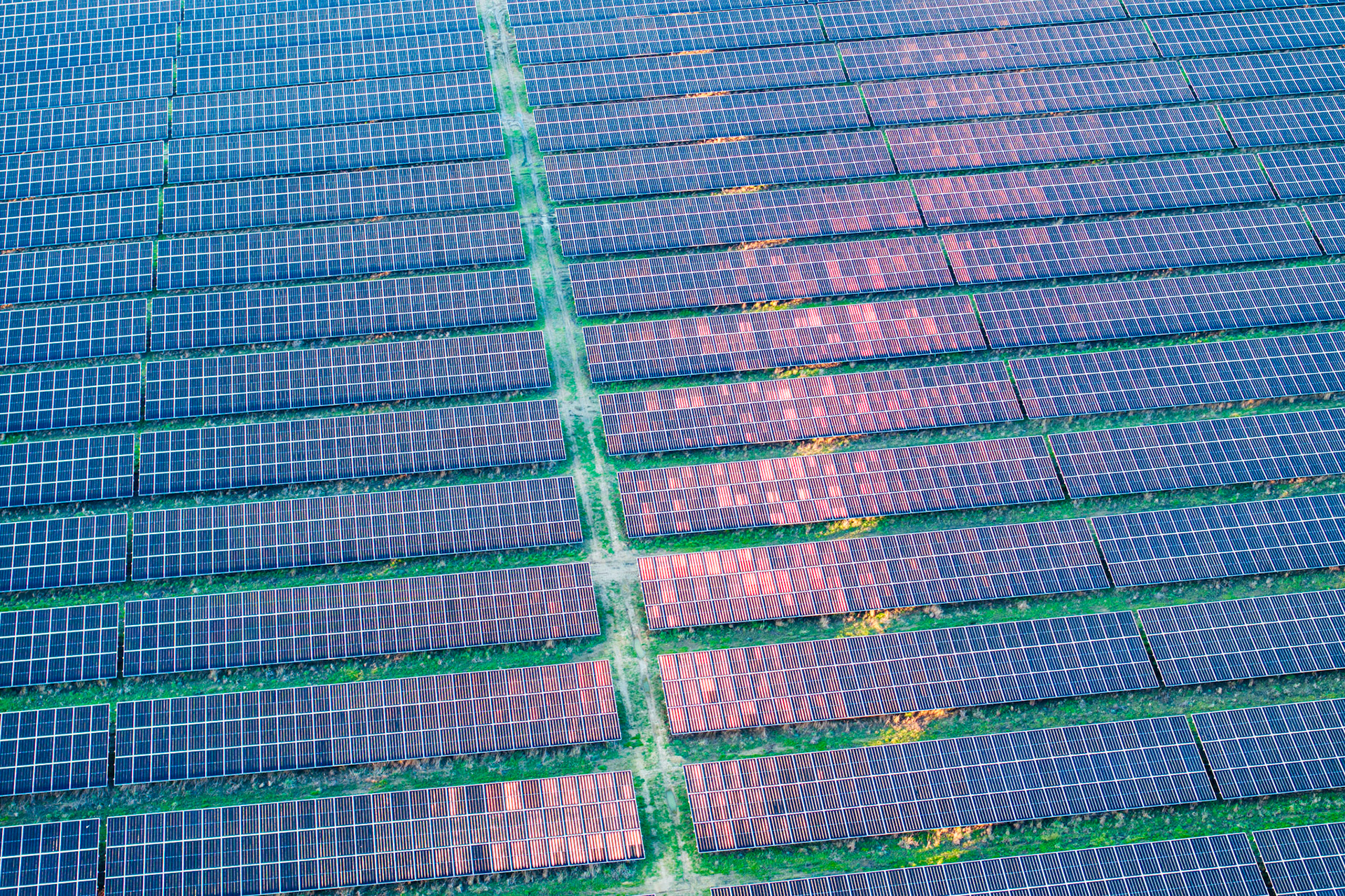 An aerial view of a large solar farm near Oxford, shot in flat winter light. The diagonal axis of access paths divides the frame, while differential reflection across the panel arrays creates a patchwork of blue and warm terracotta tones. The geometry is resolved but the image lacks a decisive atmospheric or compositional moment to lift it beyond the documentary.
