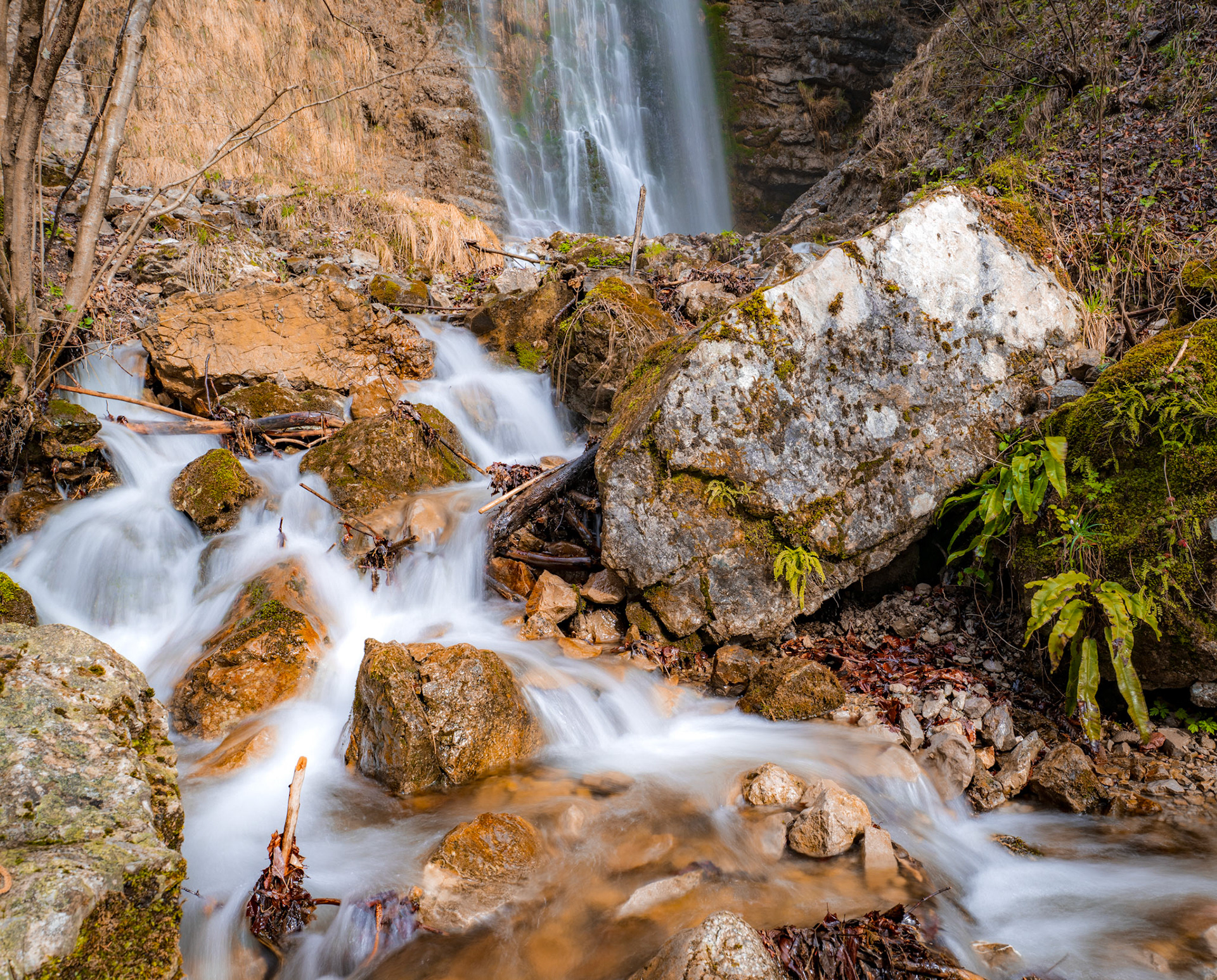 Silked water breaks around moss-covered boulders at the base of a tall waterfall in early spring. Fallen branches and last season's leaf litter caught in the flow add texture to the foreground, while the main fall recedes into a limestone gorge behind. The long exposure renders the water as continuous motion against static rock.