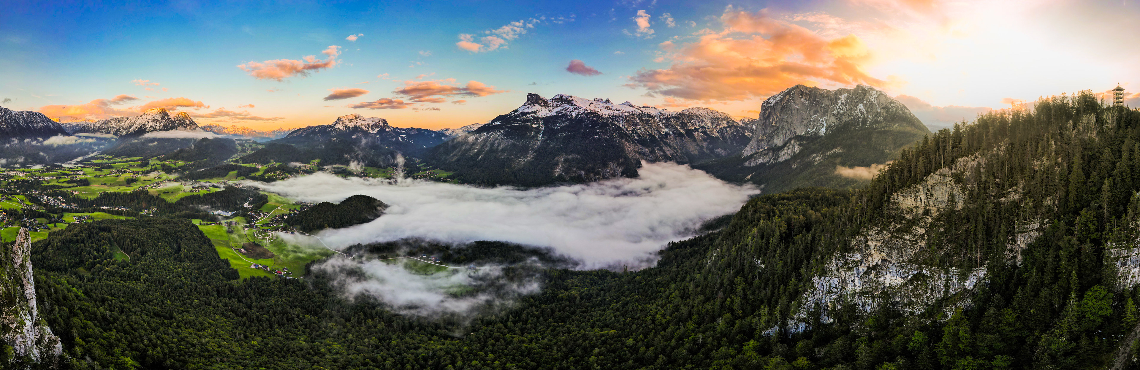 Panoramic view of Austrian Alpine Lake from above, with a small cloud inversion and extensive mountains, Altausee, Bad Aussee, Styria, Austria