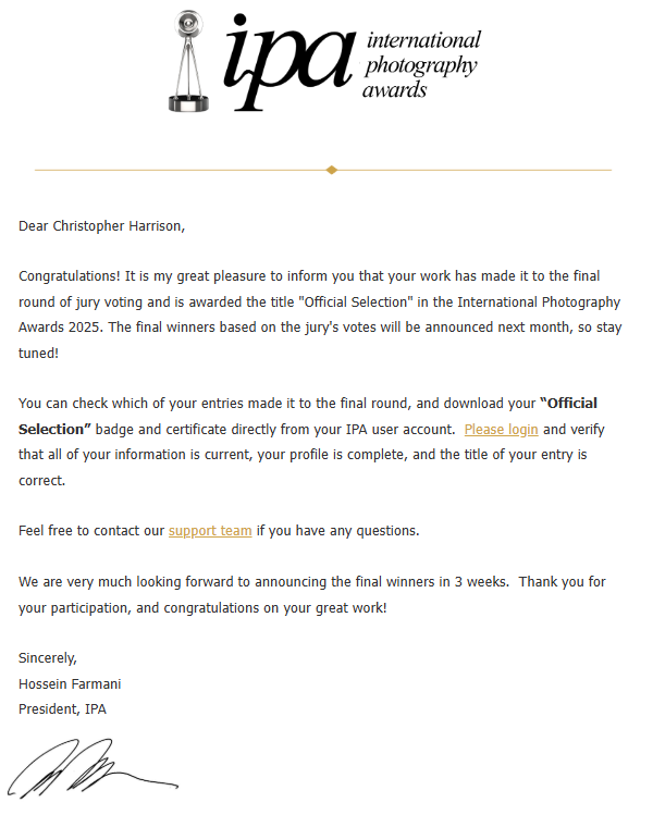 International Photography Awards Official Selection Email for Christopher Harrison Photographer Final Round Judging