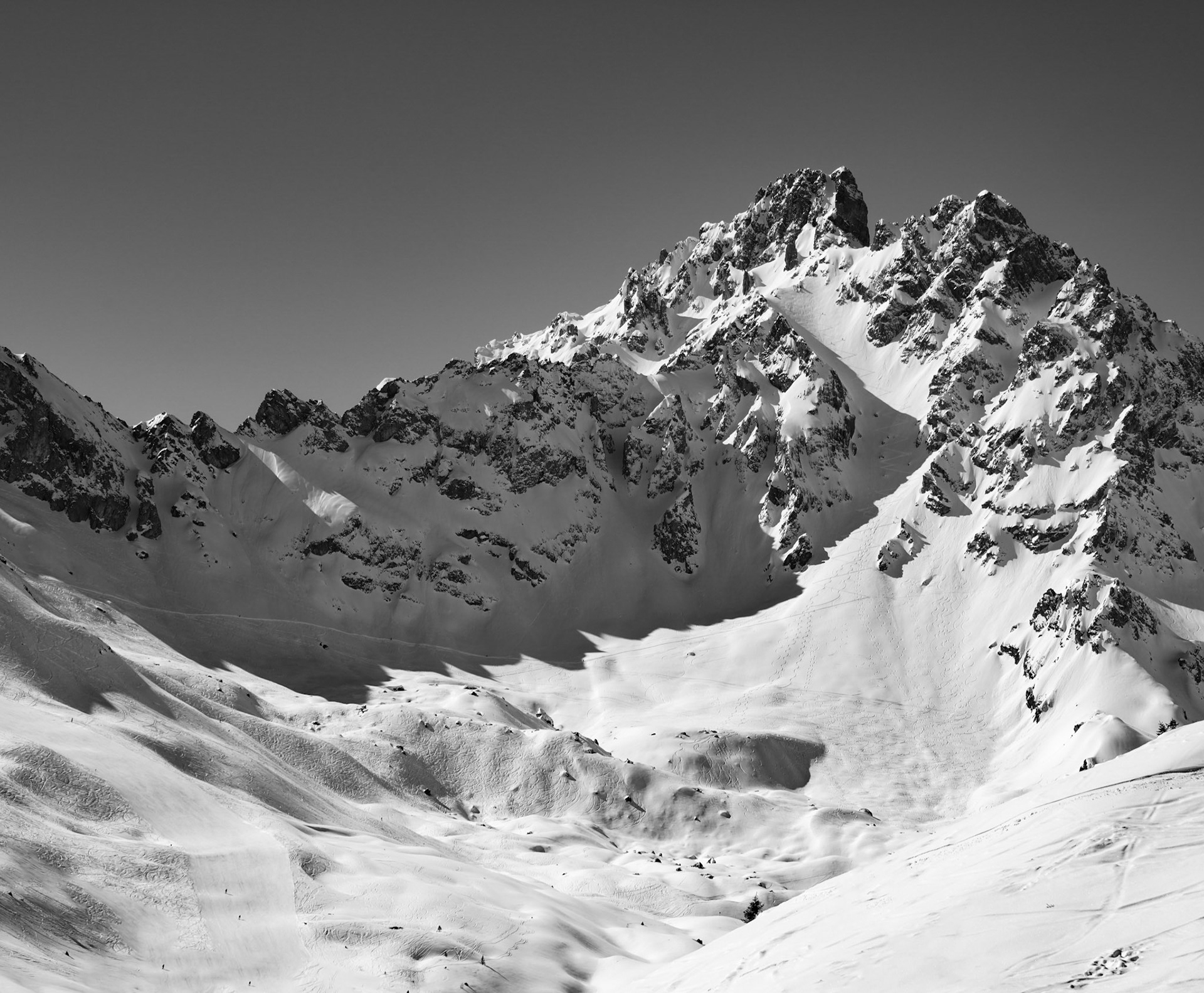 Deep shadows show the ridge line of this mountain peak in Chamonix, France. Black and White