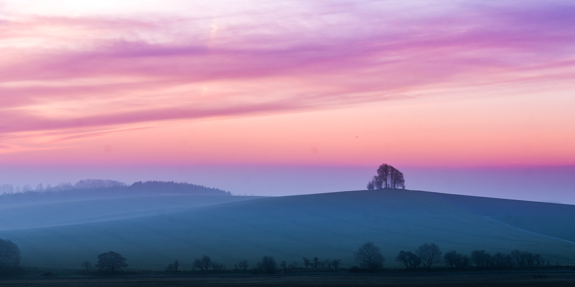 A small copse crowns Brightwell Barrow, a chalk hill near the Wittenham Clumps in Oxfordshire, as pre-dawn afterglow bleeds from orange through violet above mist-pooled valleys. Layered fog fills the middle distance, reducing receding ridges to soft tonal bands and isolating the trees as a single dark focal point against the luminous horizon. The panoramic frame amplifies the stillness of the moment between night and morning.