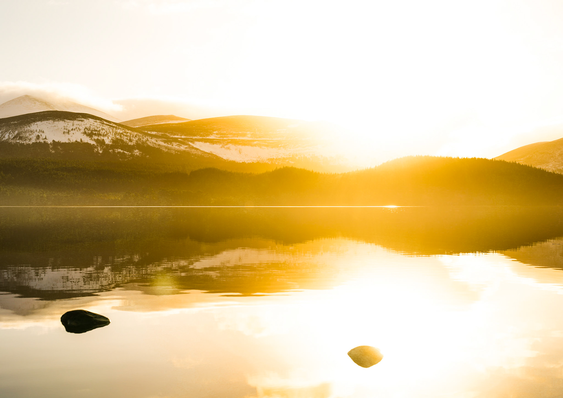 Loch Morlich during a beautiful winter sunset, Cairngorms, Scotland
