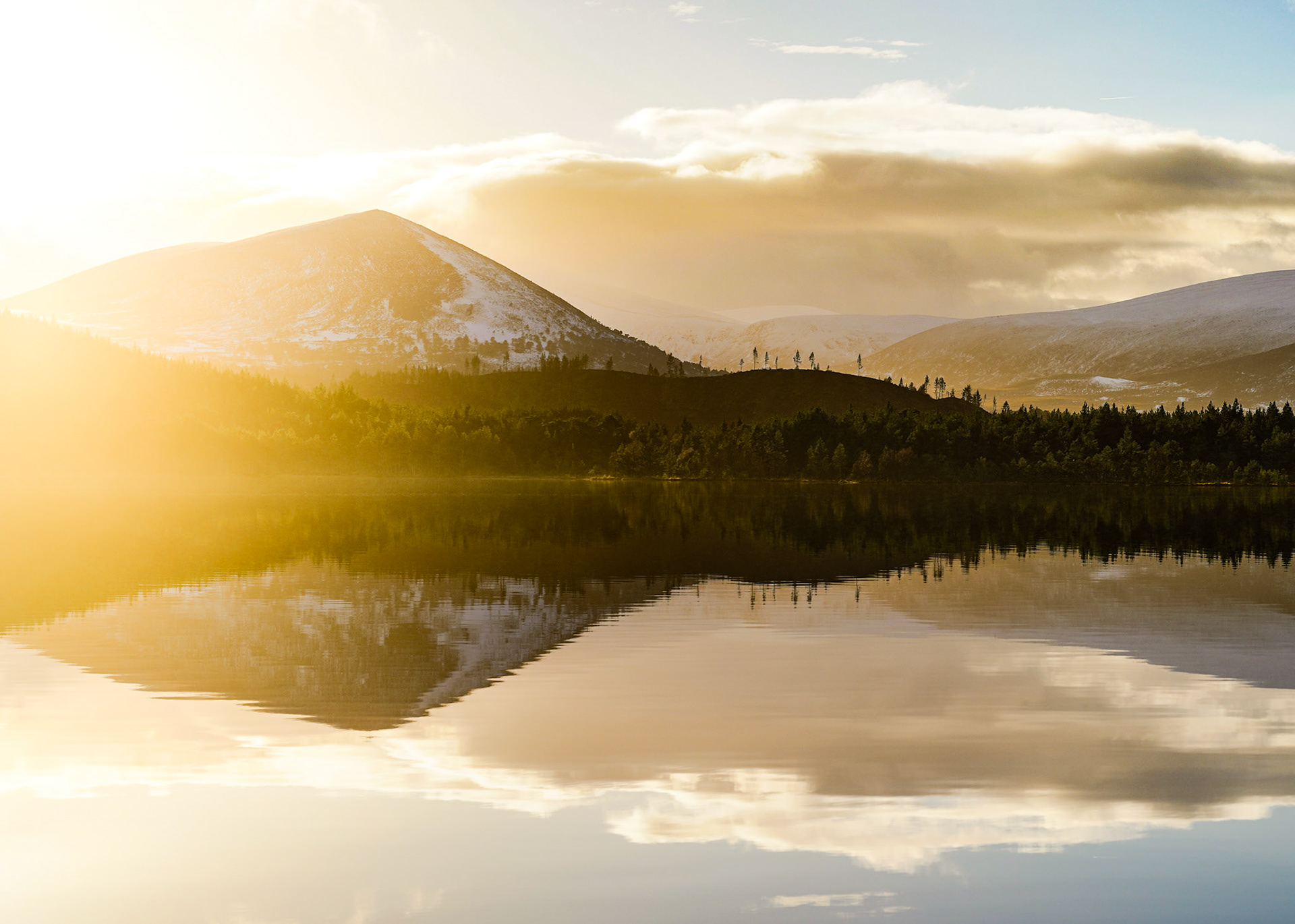 Loch Morlich during a beautiful winter sunset, Cairngorms, Scotland