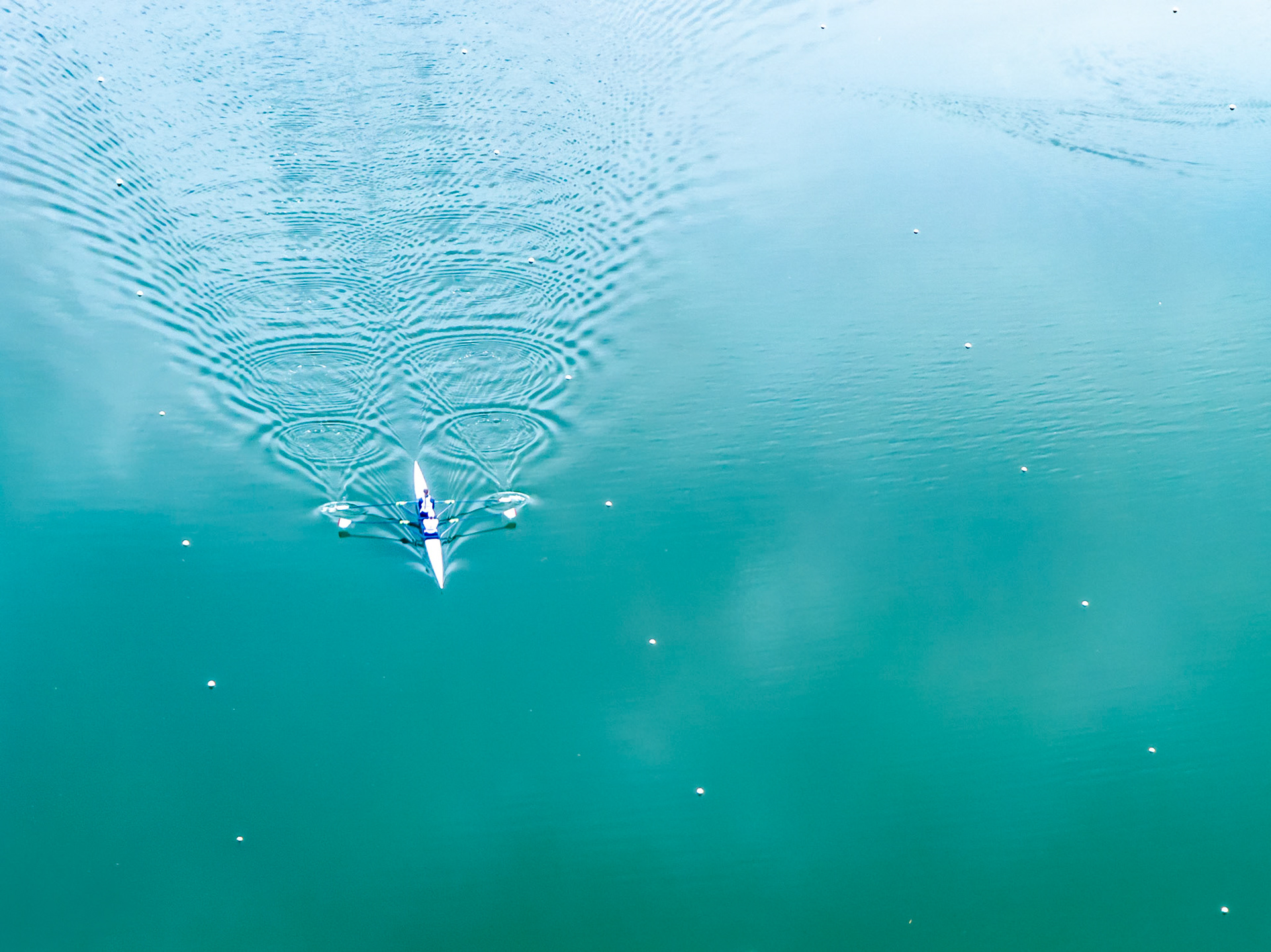 A sculling boat moves upstream on the Thames near Reading, its oar strokes leaving a precise chevron of interference rings on the glassy teal surface. Shot directly overhead from a drone, the craft is reduced to a small white form overwhelmed by expanding geometry. The near-symmetry and scale contrast give the image a quiet, graphic authority.