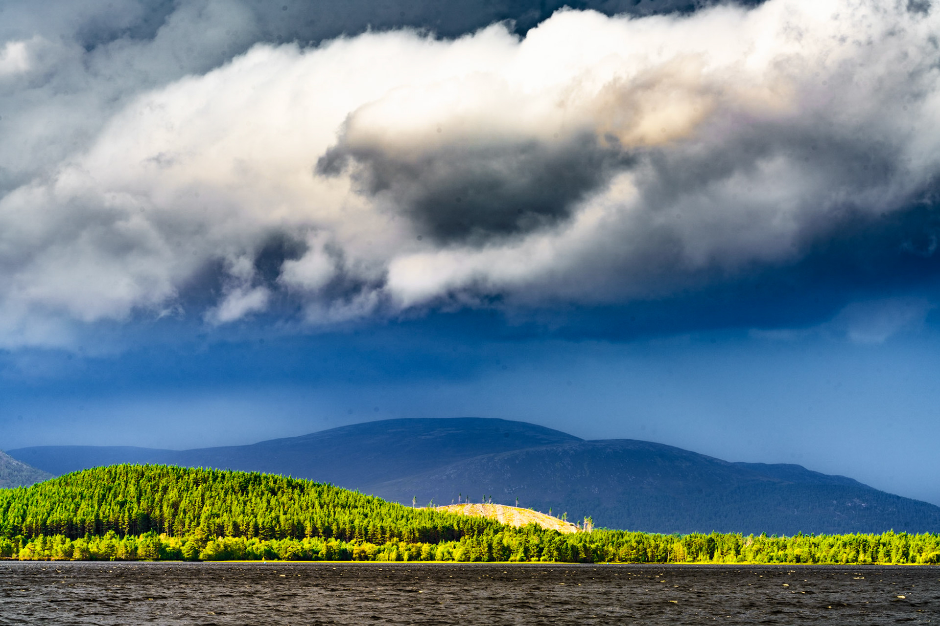 A very dark and moody sky is visible over Loch Morlich, where sun is still hitting the pine trees in the foreground, Scotland