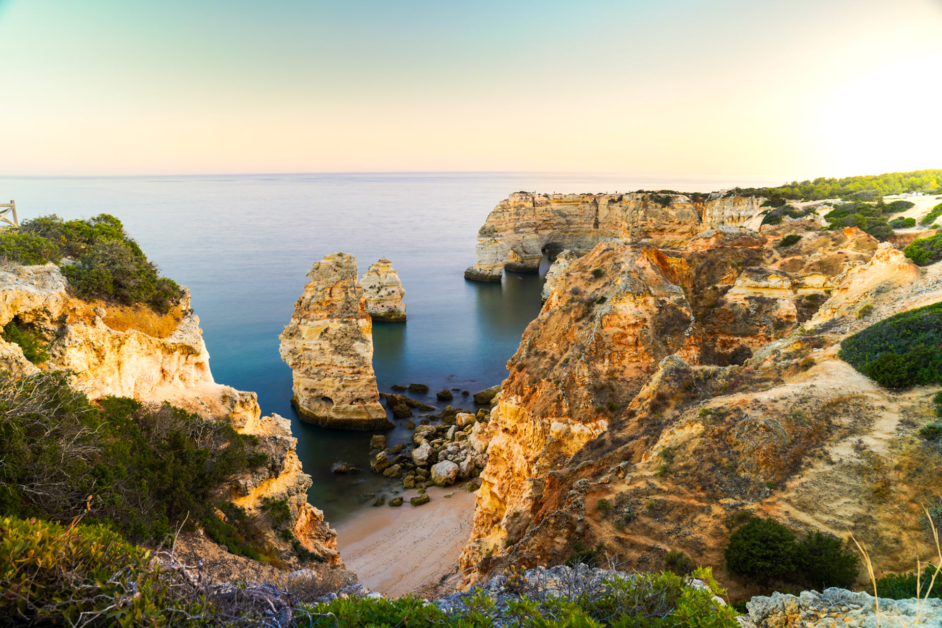 The rugged Algarve coastline at sunset, southern Portugal