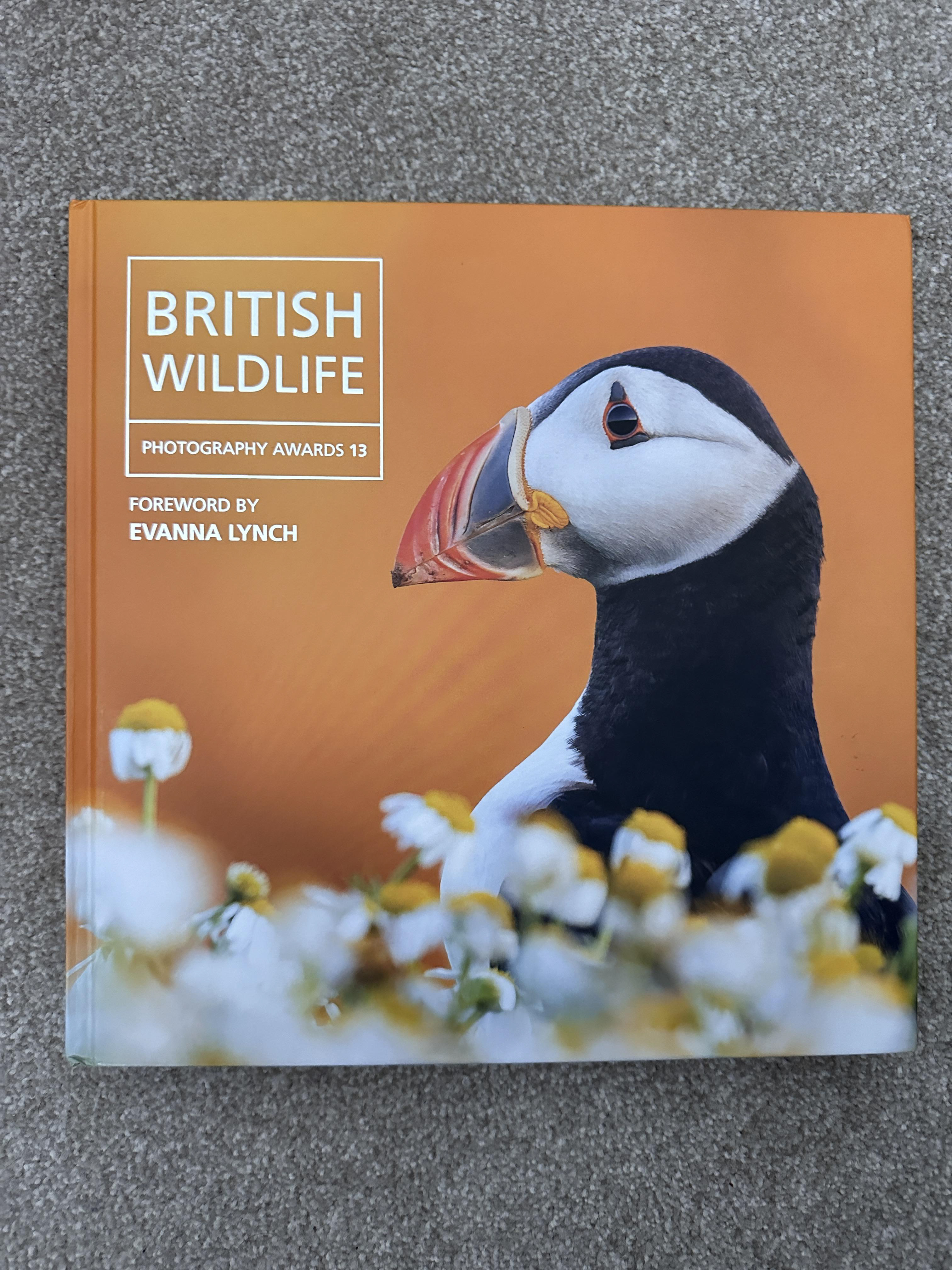 The British Wildlife Photography Awards 13 (2025 book) with the magificent book cover puffin with orange background.