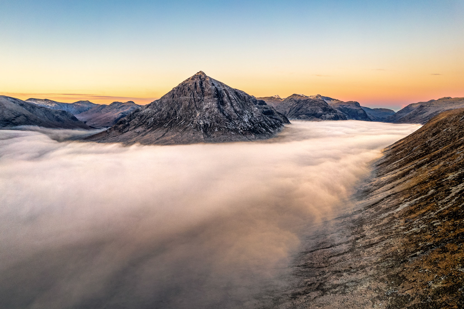 Cloud Inversion in Glencoe, Scotland, with the Buachaille, taken from Drone