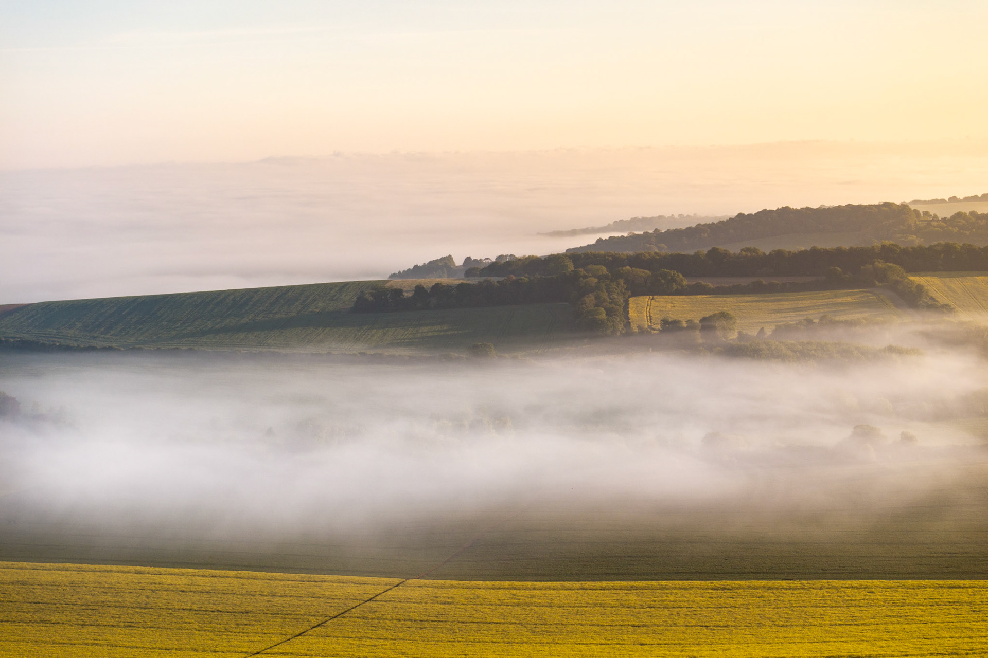 A temperature inversion fills the valley below the Chiltern escarpment near Henley-on-Thames, the fog pooling in horizontal bands while the higher ground—arable fields, mixed woodland, and a distant treeline—emerges in early morning warmth. The layering of mist, hill, and pale sky creates a compressed, almost tonal recession that rewards careful looking. Captured from altitude, the aerial perspective clarifies the topography in a way ground-level shooting could not.
