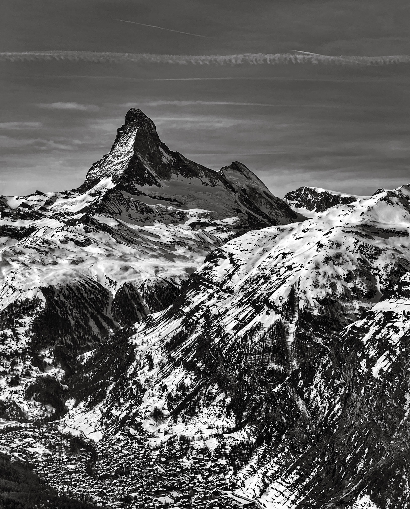 The Swiss Matterhorn with Zermatt below in the valley, Black and White, Switzerland