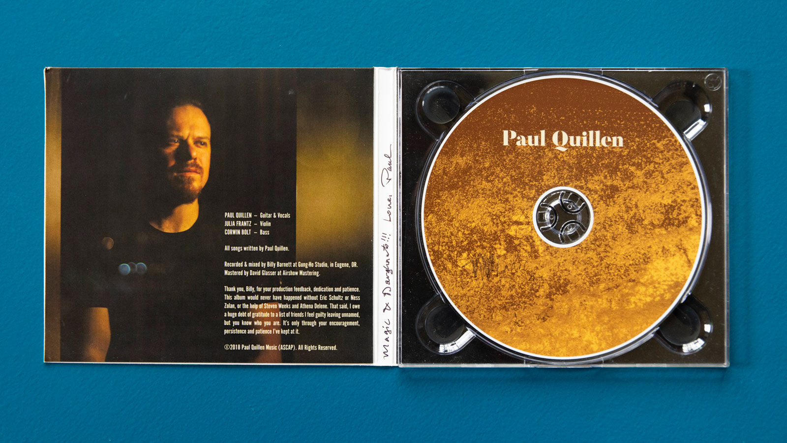 Paul Quillen CD packaging design, inside cover and disc
