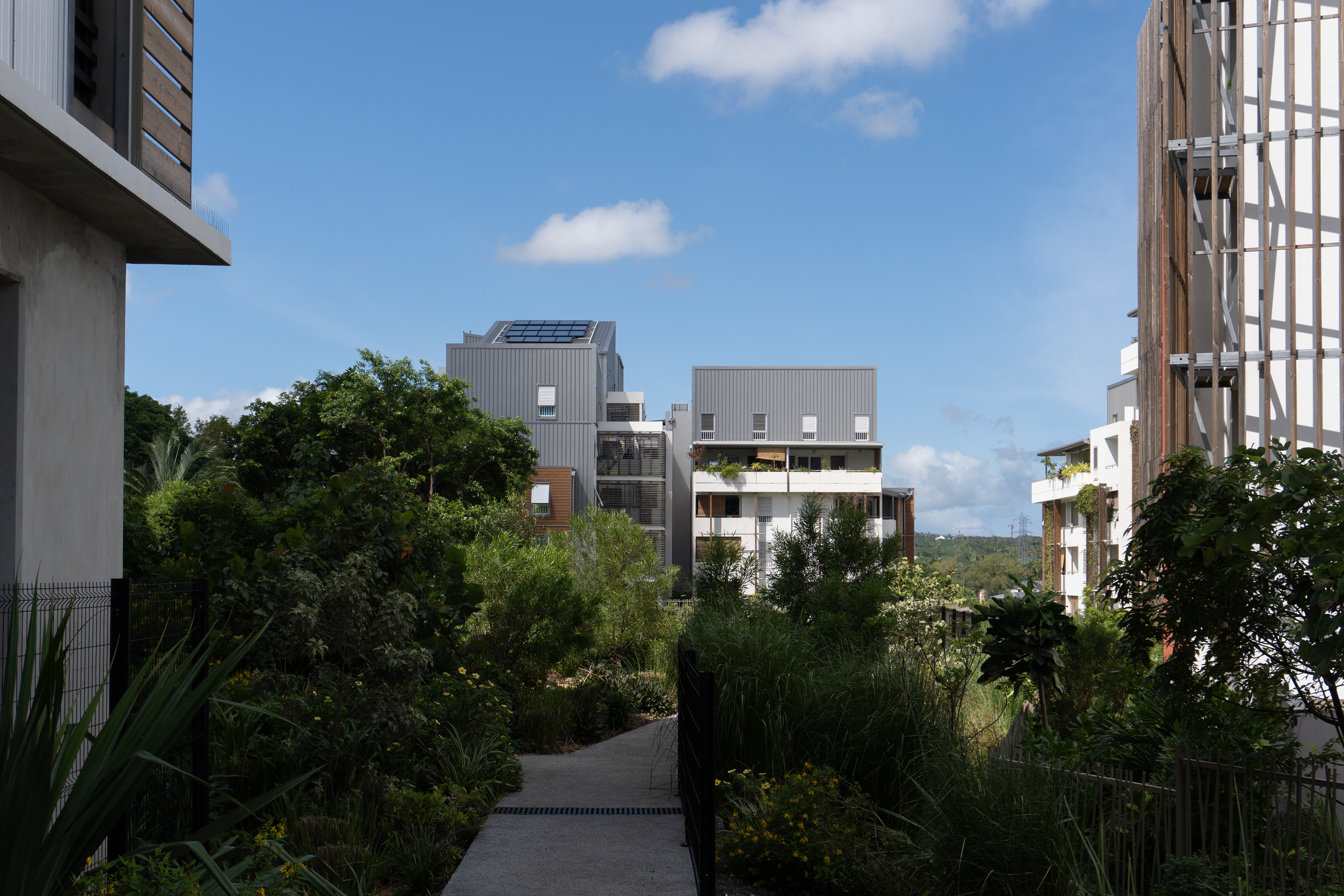 Photographie architecture bioclimatique tropicale drone réunion écoquartier coeurdeville possession treilles