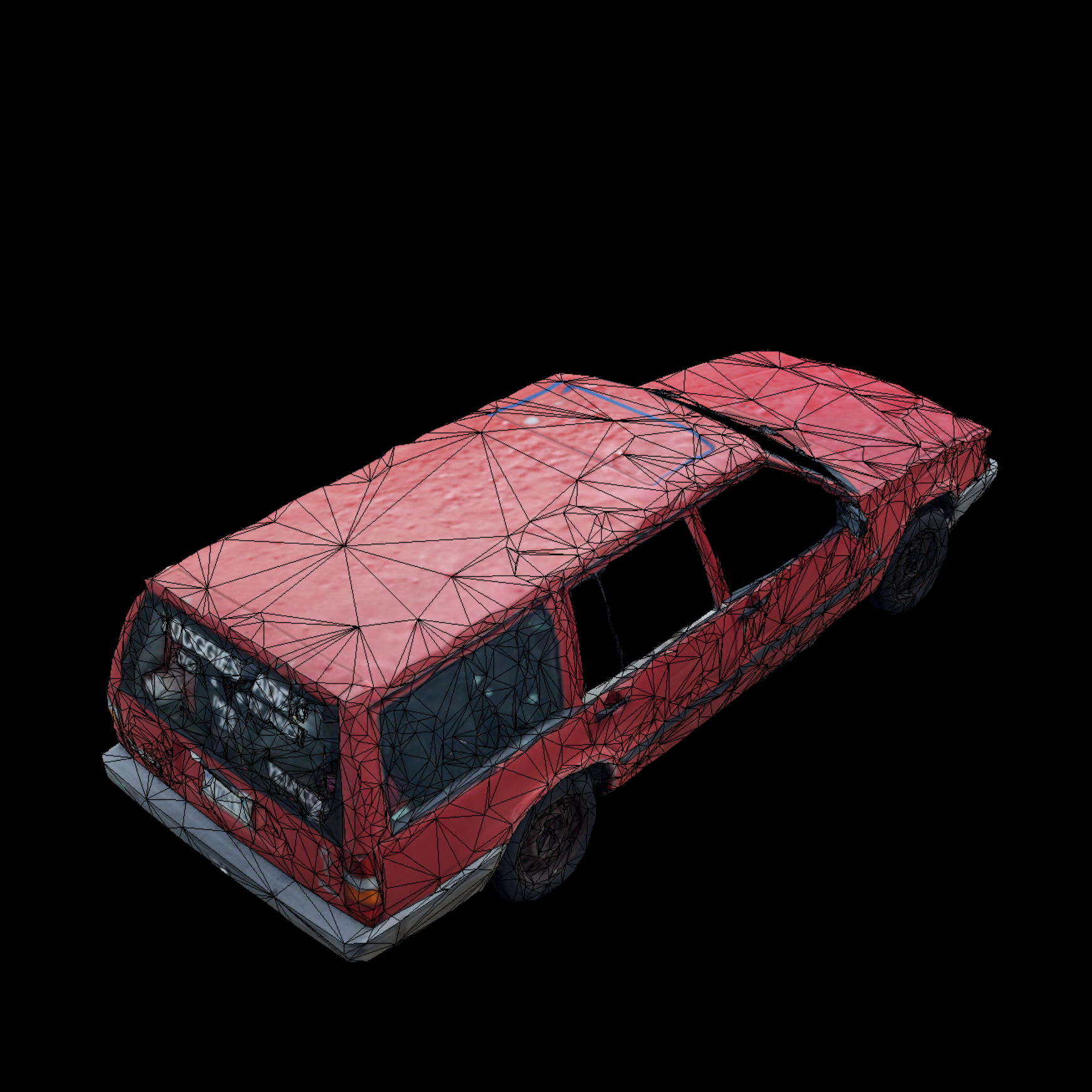 Wireframe overlay to textured photogrammetry of car dwelling