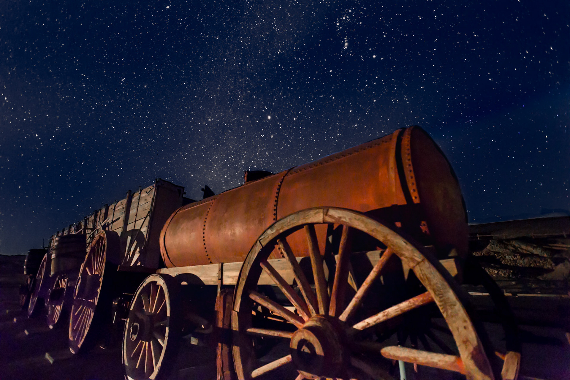 Borax train cars, at night, Death Valley