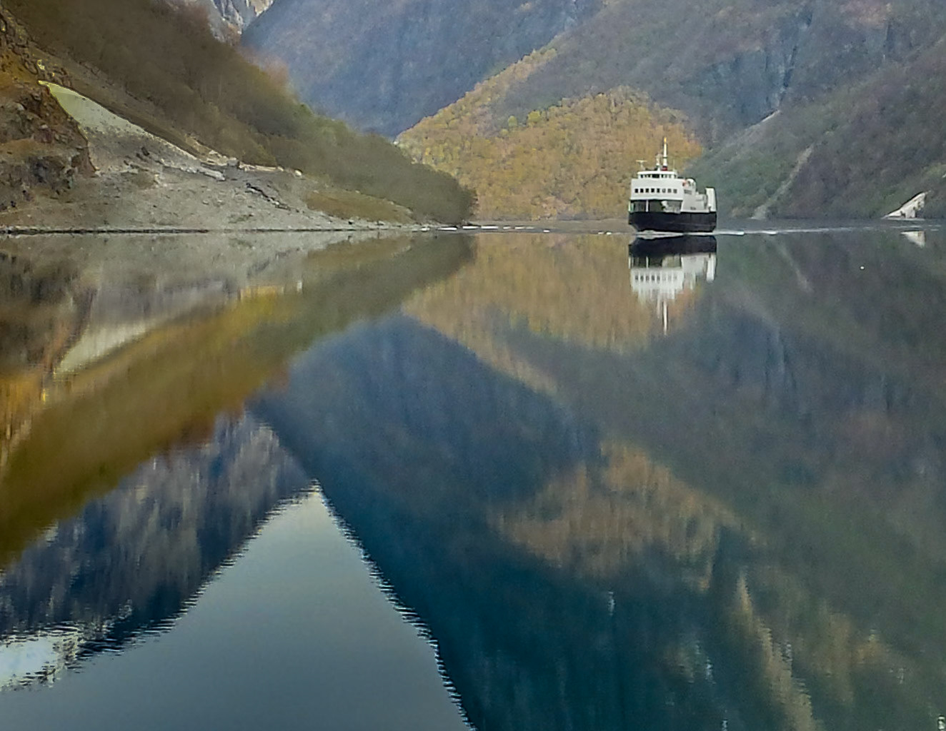 Ferry arriving in Norway fjord