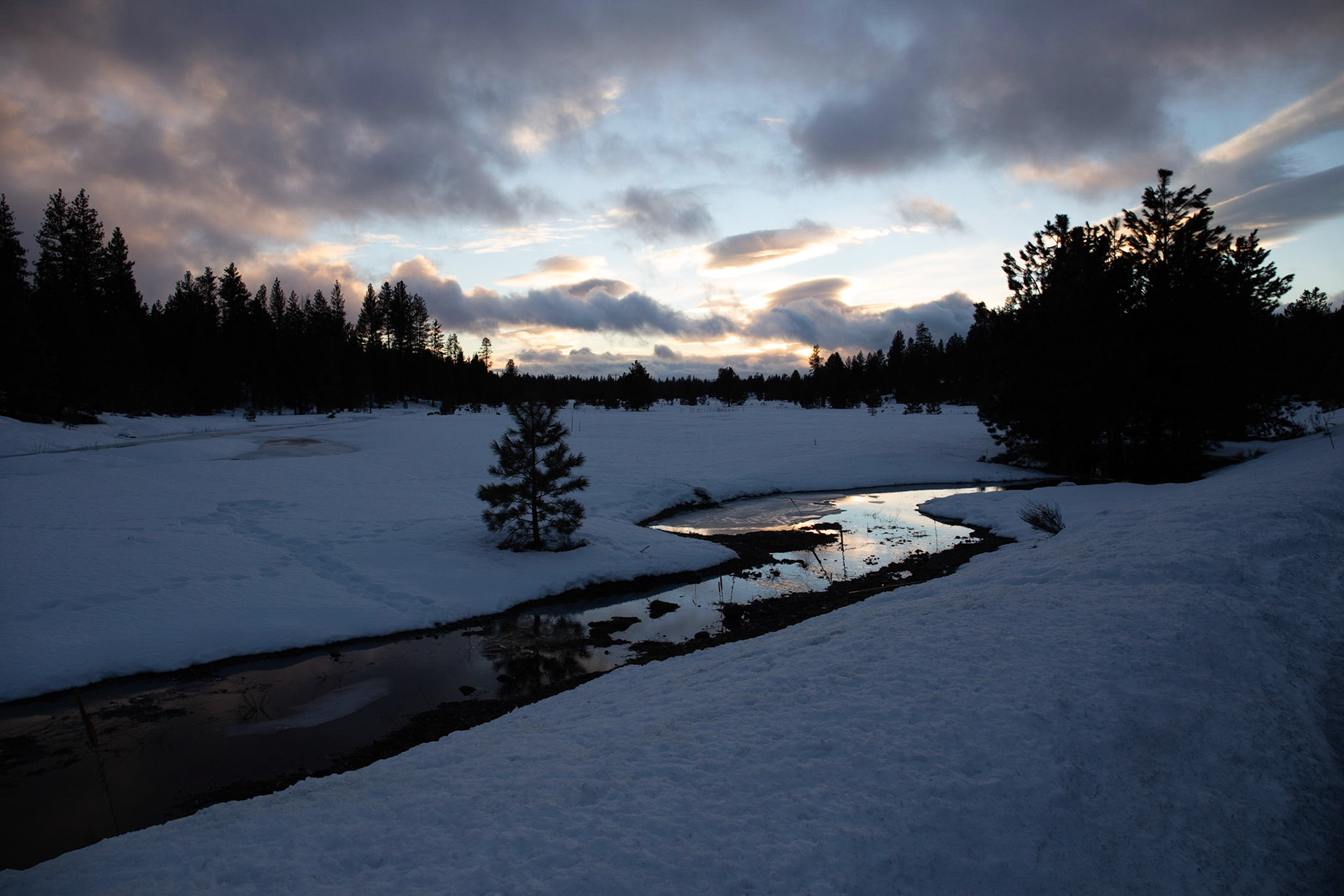 Oregon stream at winter sunset