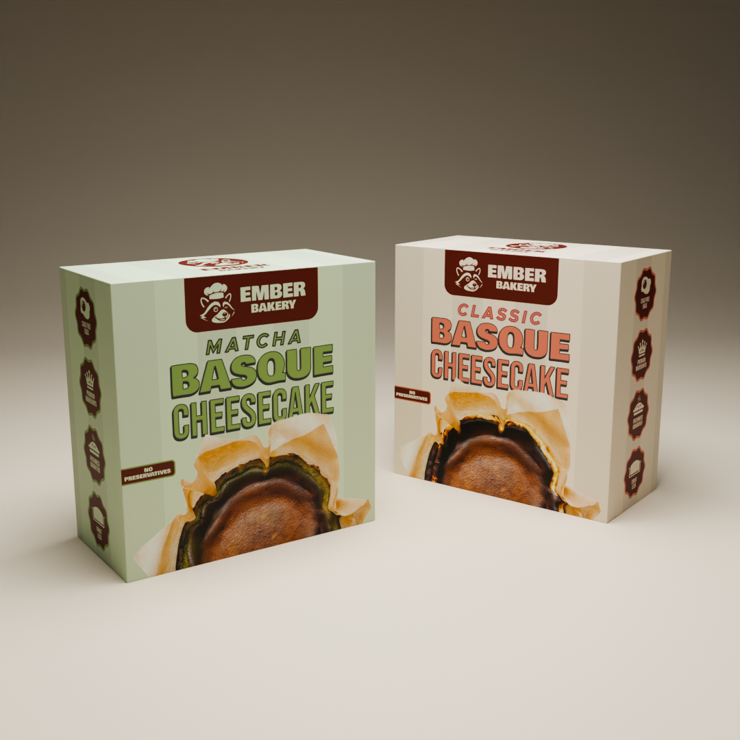 Created packaging design and 3D mockup for Ember bakery's Basque Cheesecakes