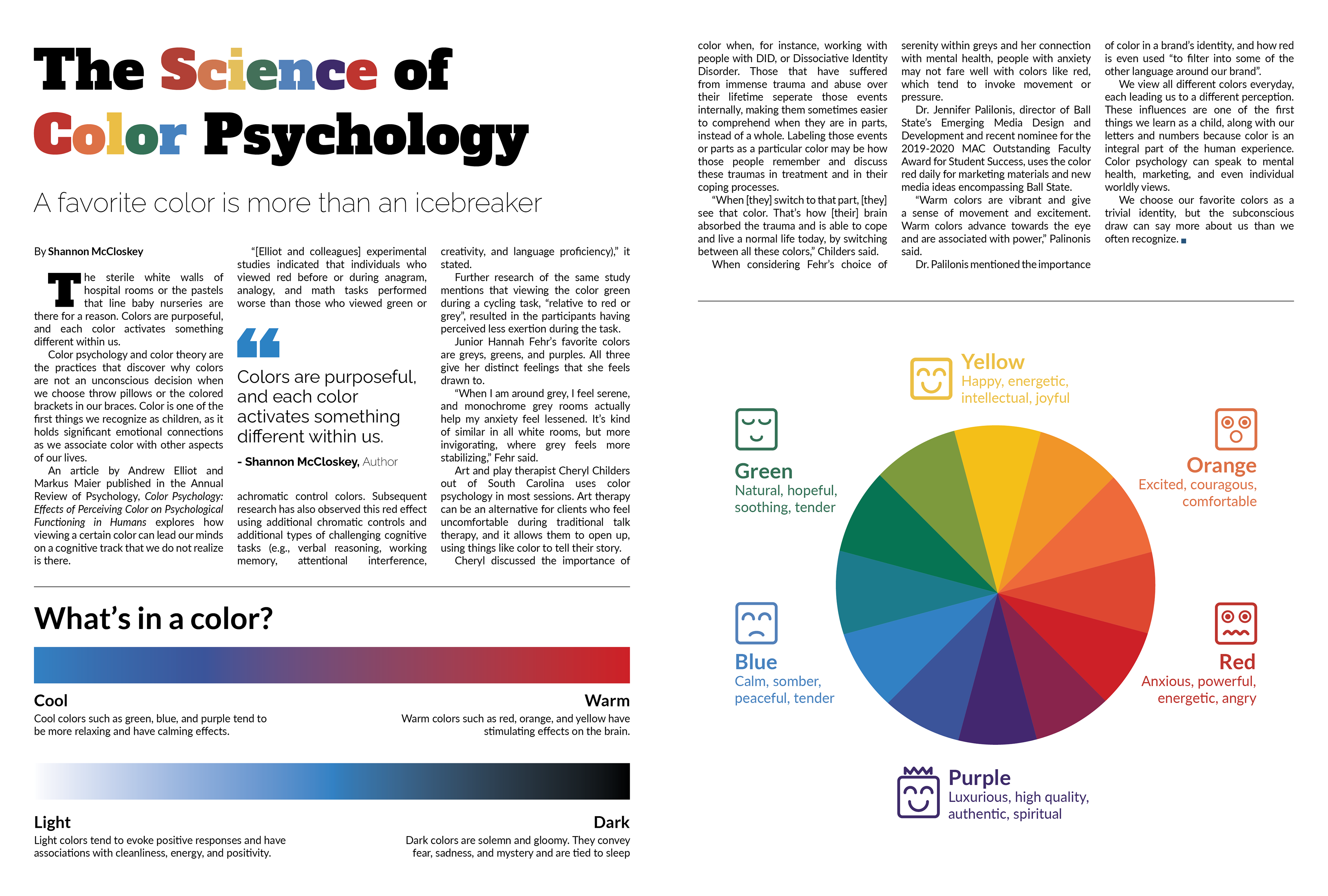 Magazine spread with colorful letters reading "The Science of Color Psychology"