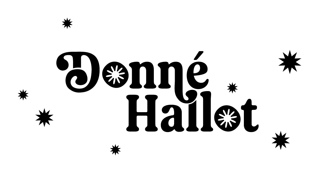logo of nz mural and illustration artist 'Donné Hallot' in fun lettering. Black text with star shapes surrounding it.