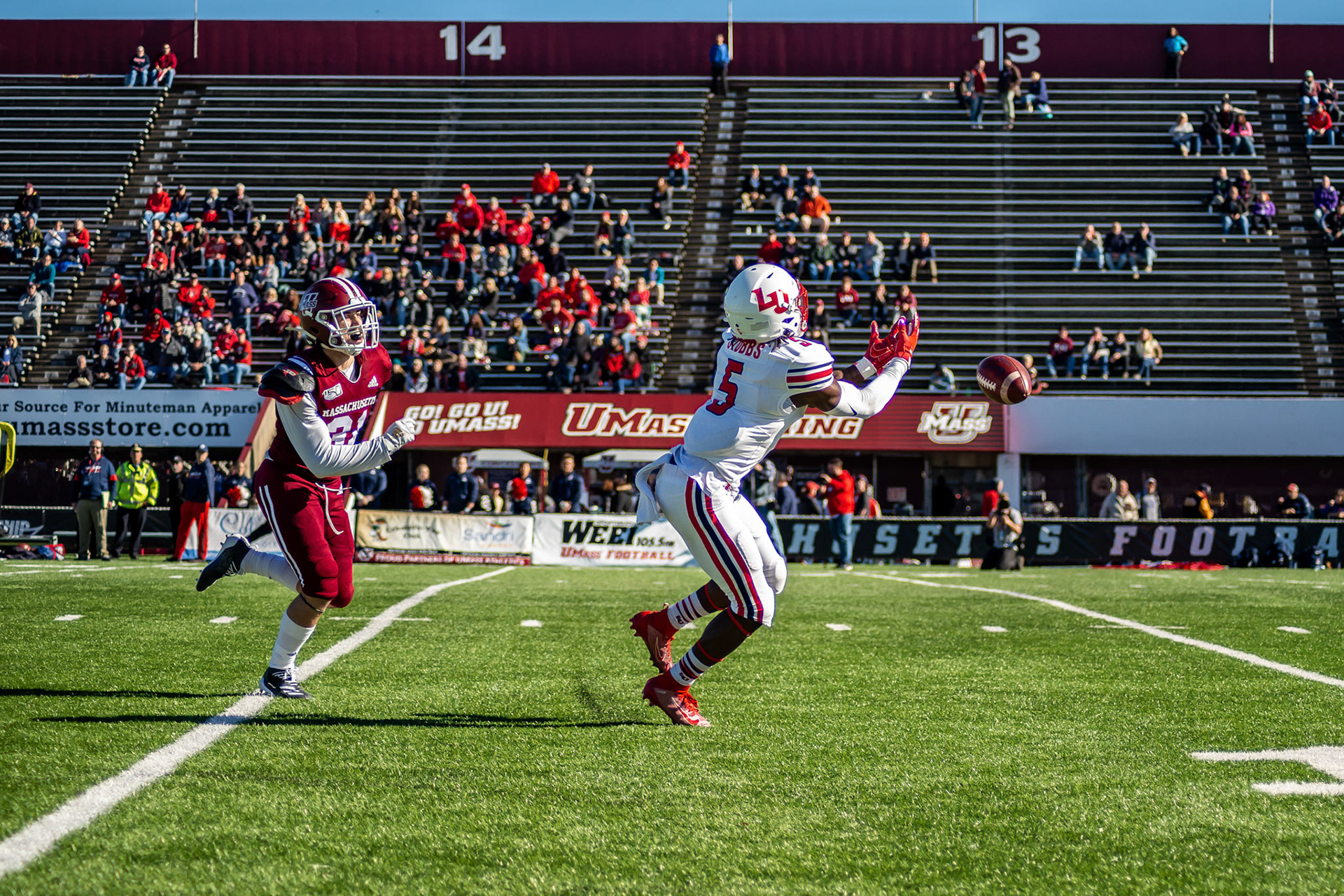 UMass chasses down a fumbled reception agaisnt Liberty at McGuirk Stadium on November 2, 2019
