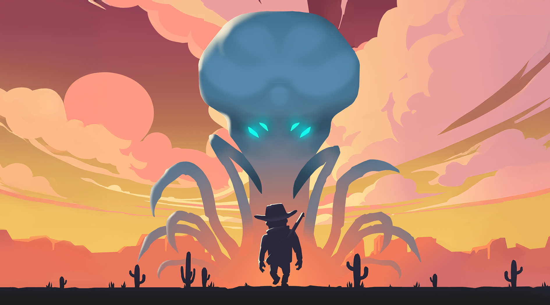 West Escape key art cowboy facing a giant tentacled alien