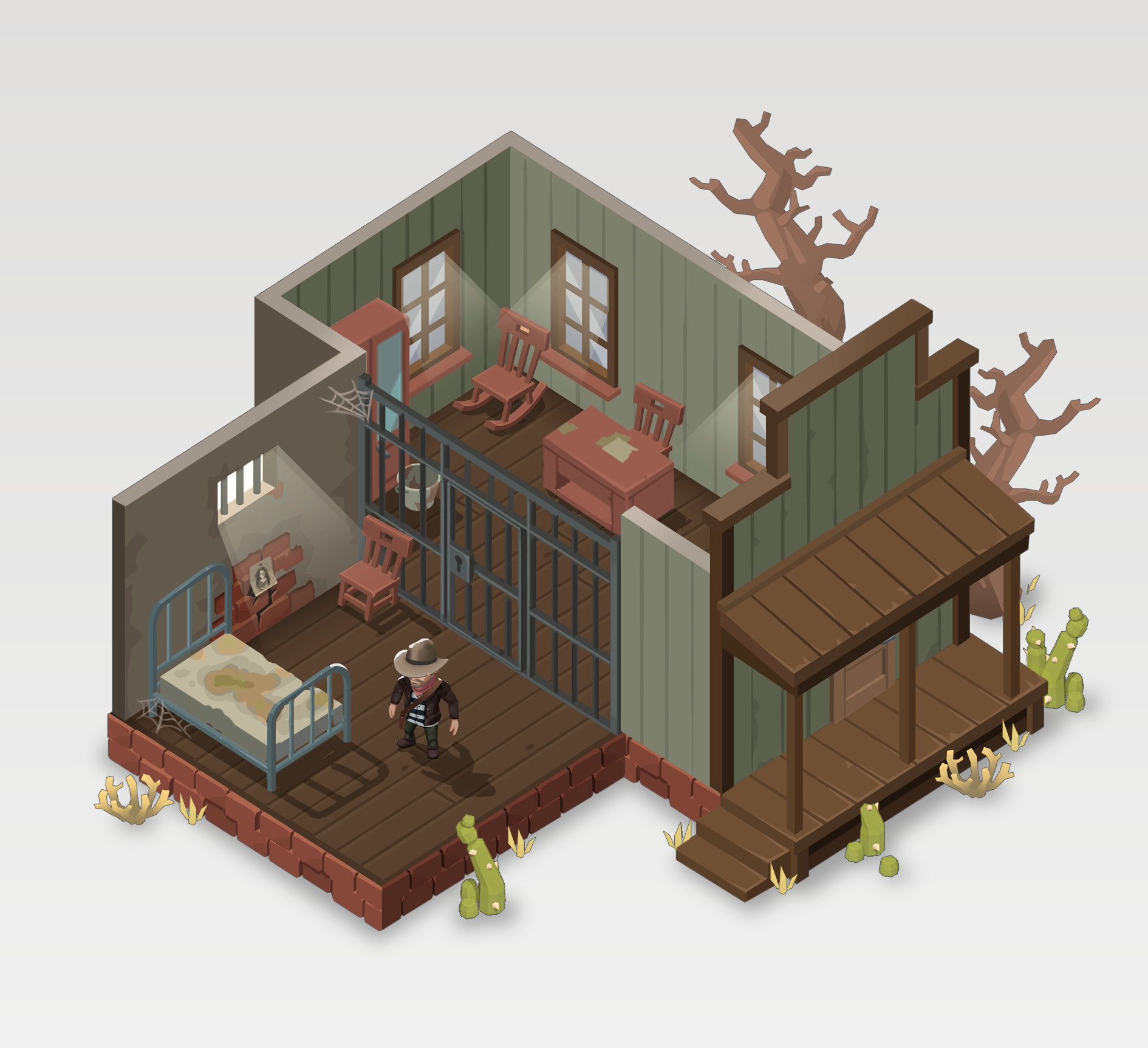 Isometric jailhouse intro scene with cell and porch