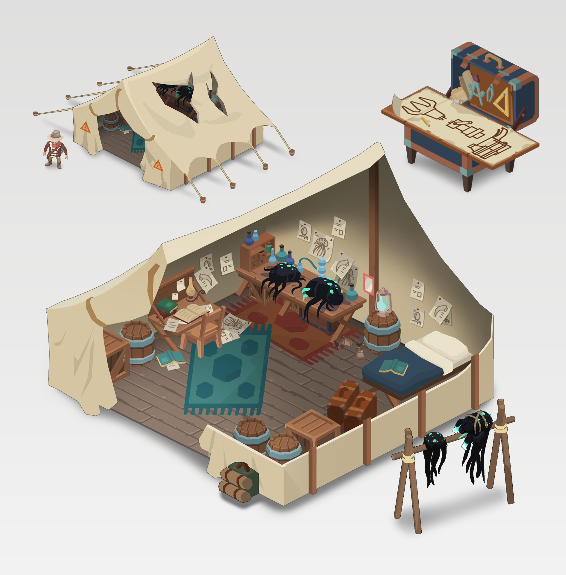 Scientist's tent concept, outside and cutaway inside