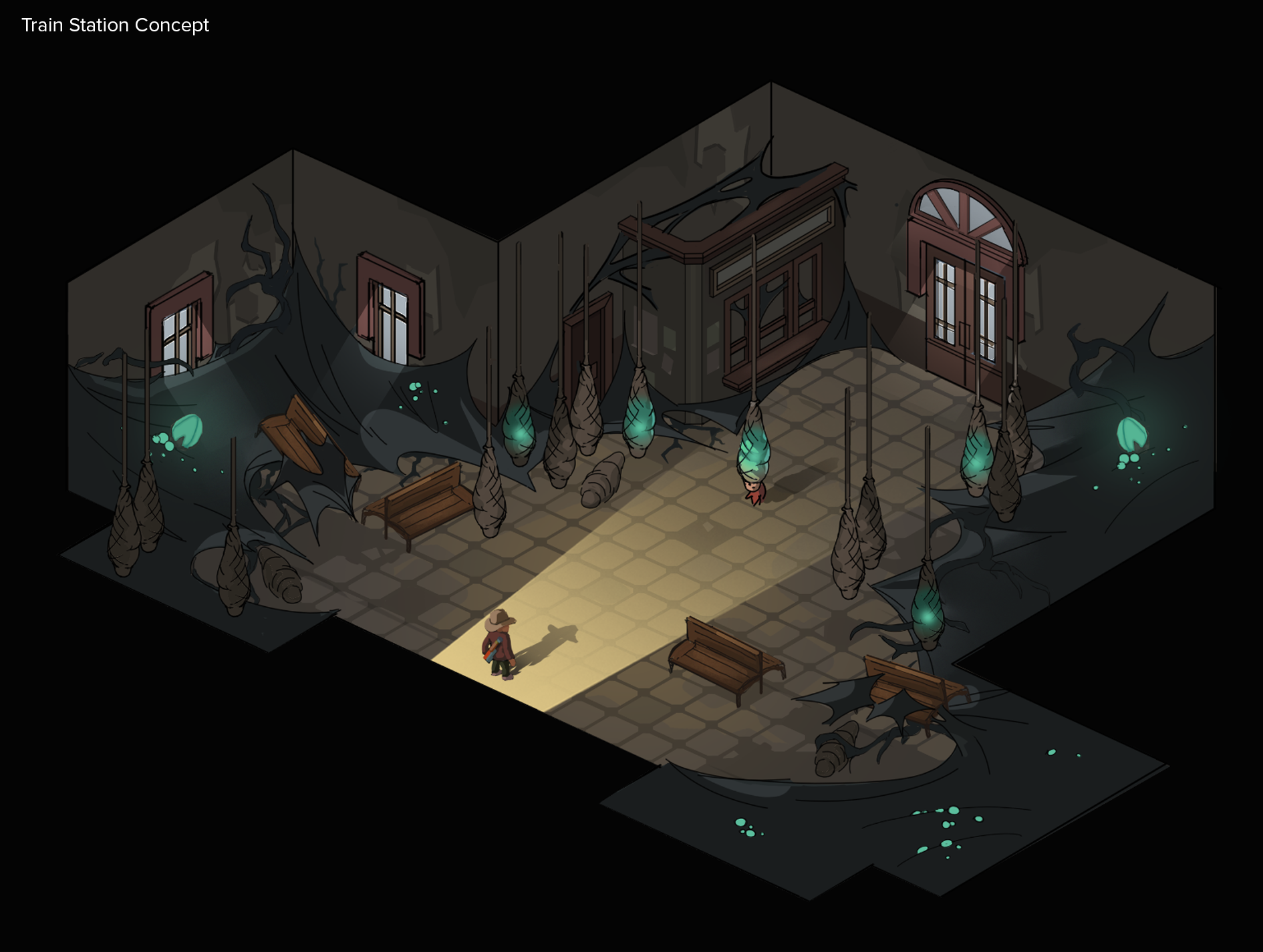 Abandoned train station concept with hanging alien cocoons