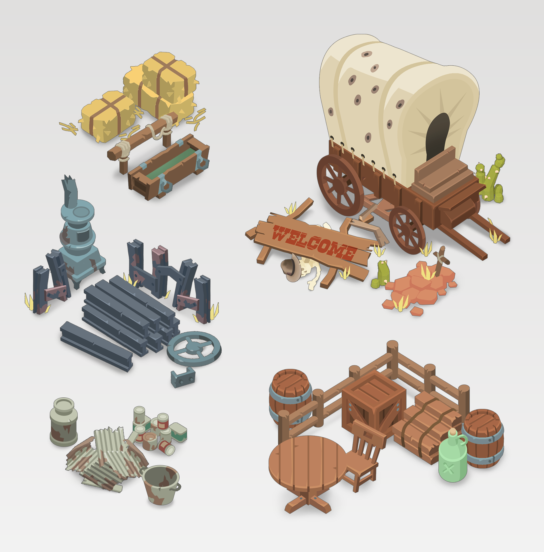 Destructible props hay bales, wagon, barrels, fences