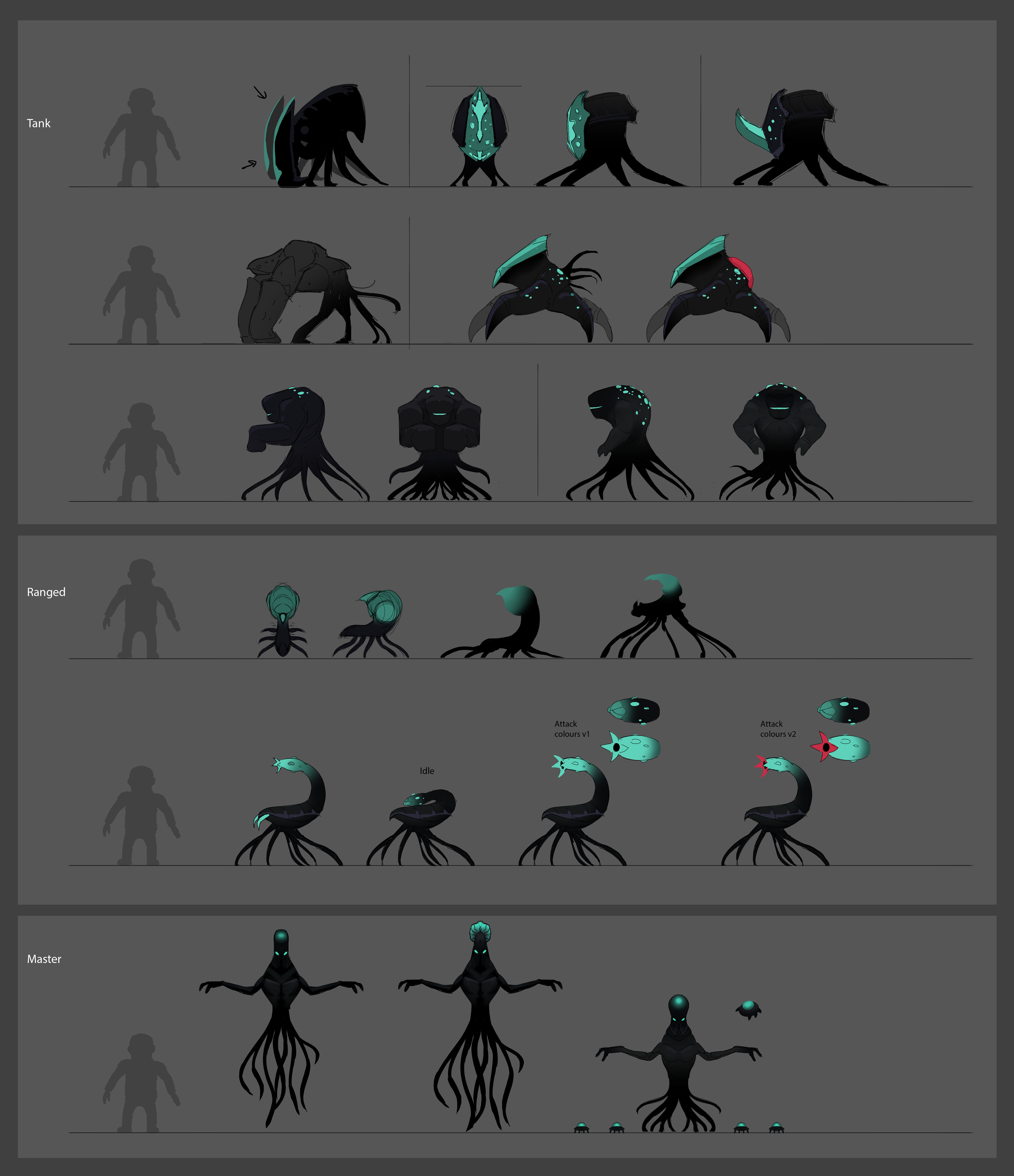 Tank, Ranged and Master alien enemy silhouette explorations