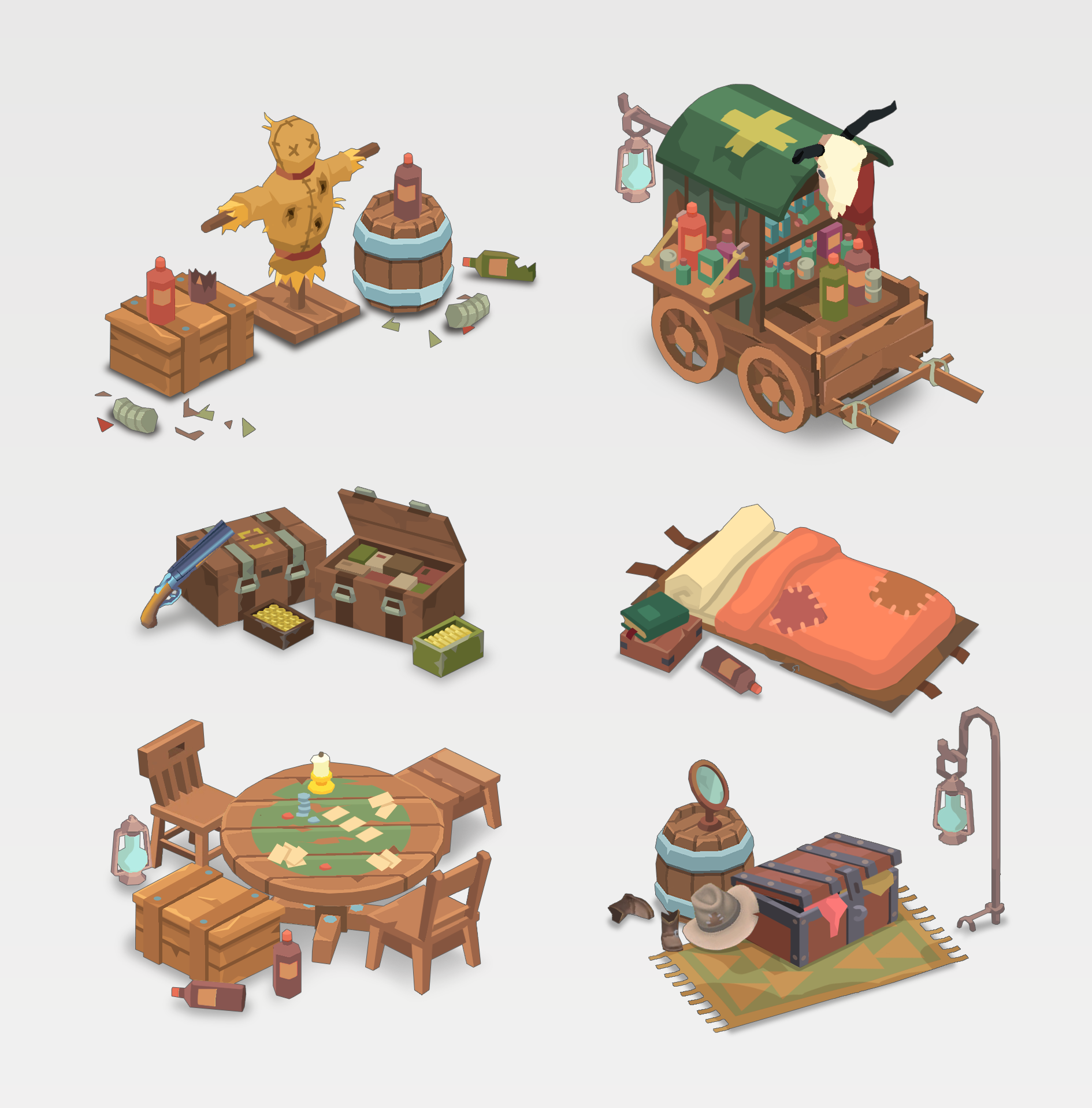 Camp upgrade props: scarecrow, medicine wagon, card table