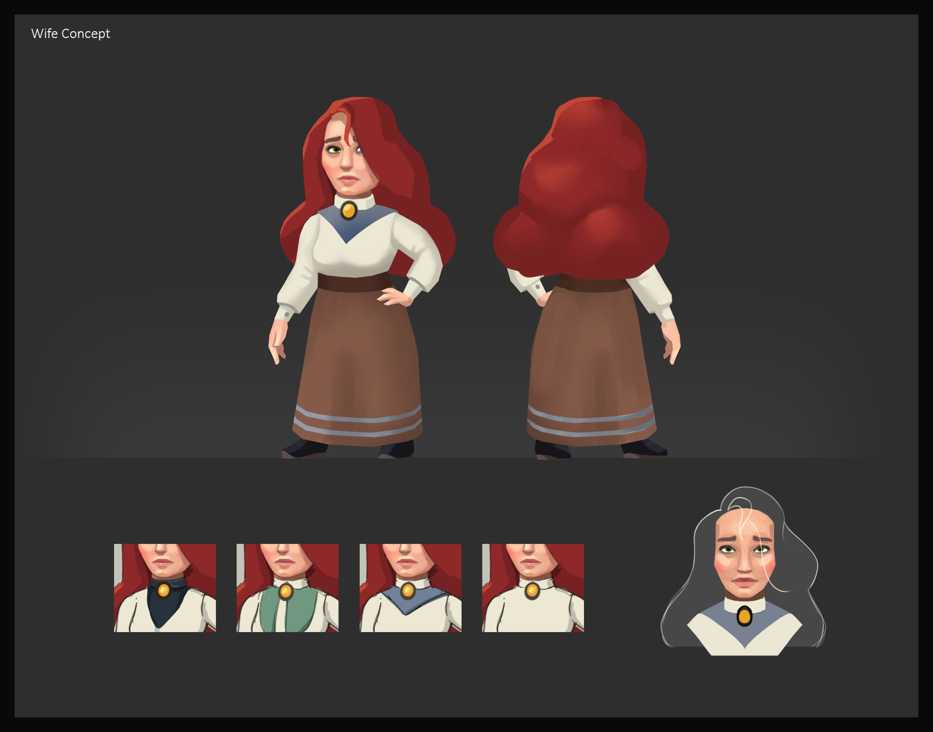 Red-haired wife character turnaround with outfit variants