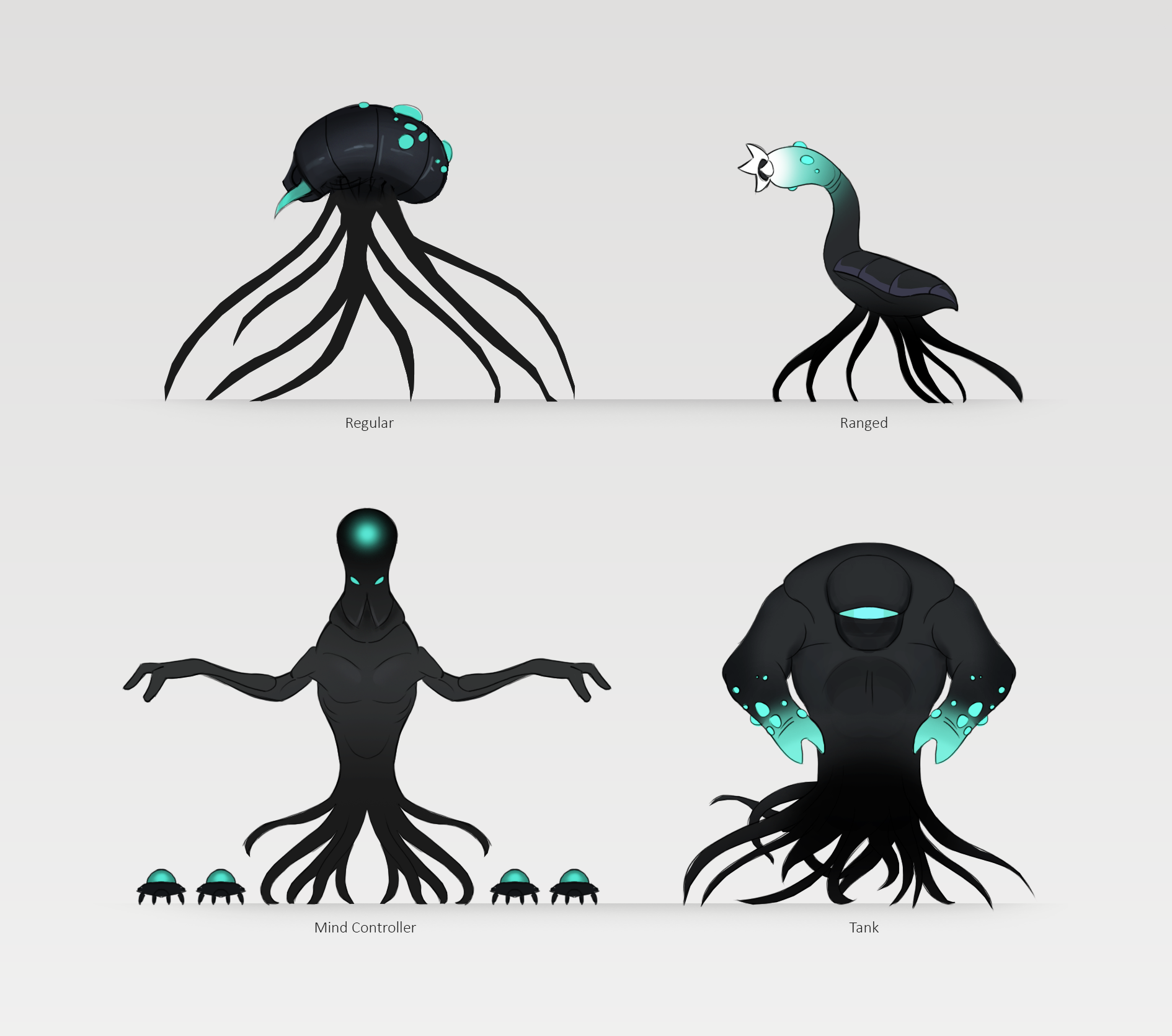 Alien enemy lineup: Regular, Ranged, Mind Controller, Tank