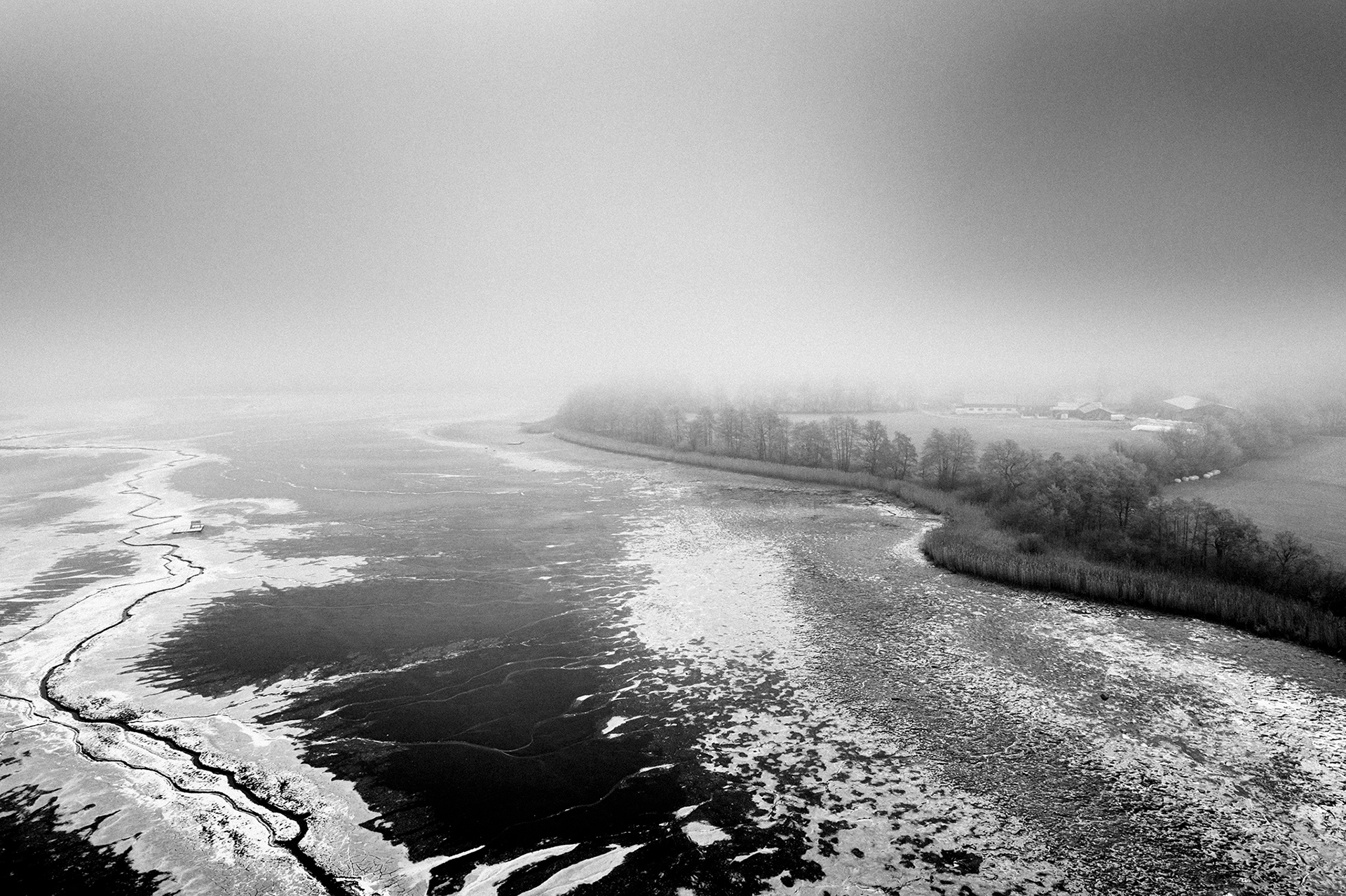 Minimalistische Schwarzweiß-Fotografie aus der Serie IM NEBEL – nebelverhangene Seelandschaft mit Baumsilhouetten im diffusen Morgenlicht von Stefan Kuhn