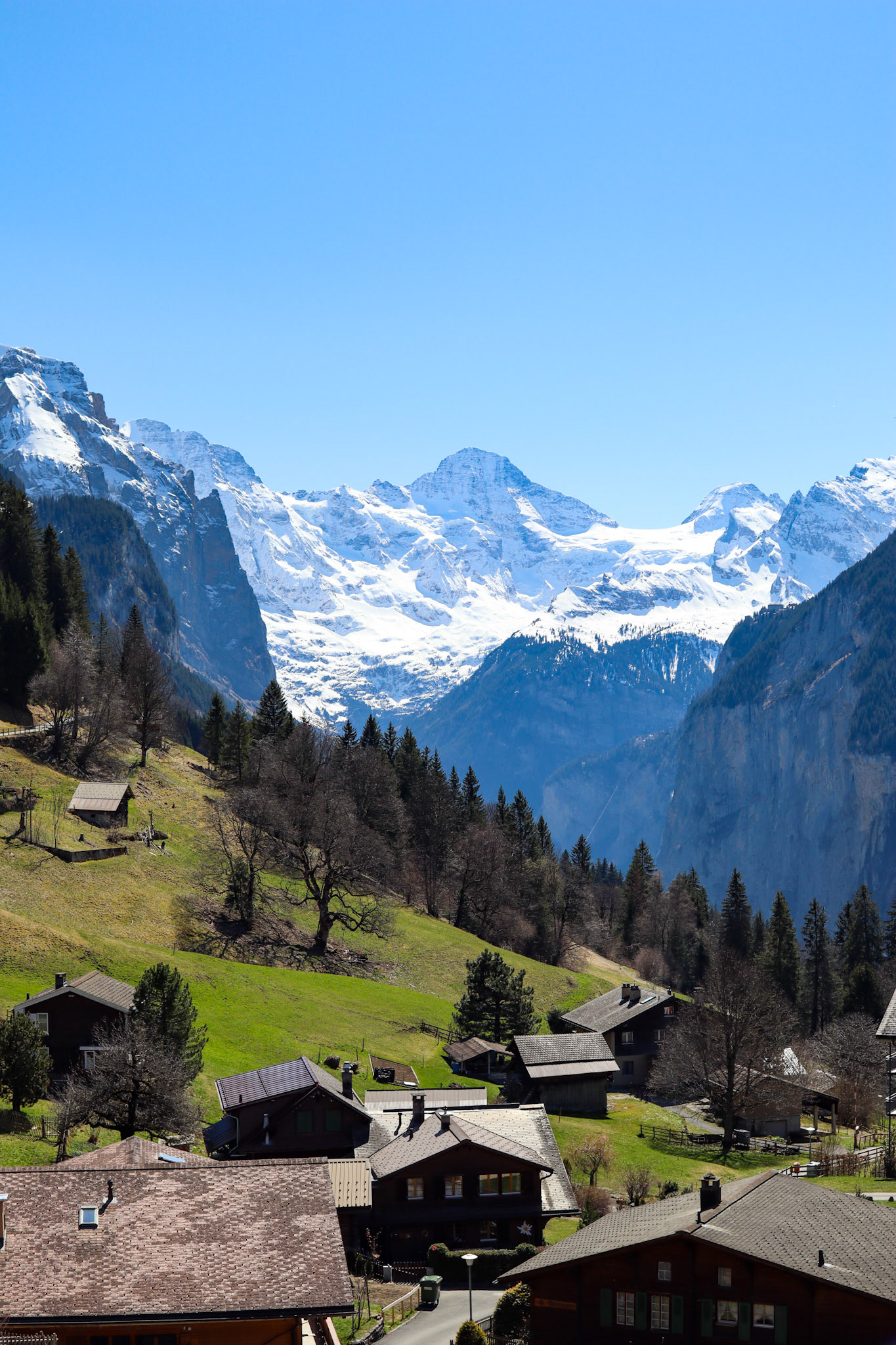 Mountain town of Wengen on a clear sunny day