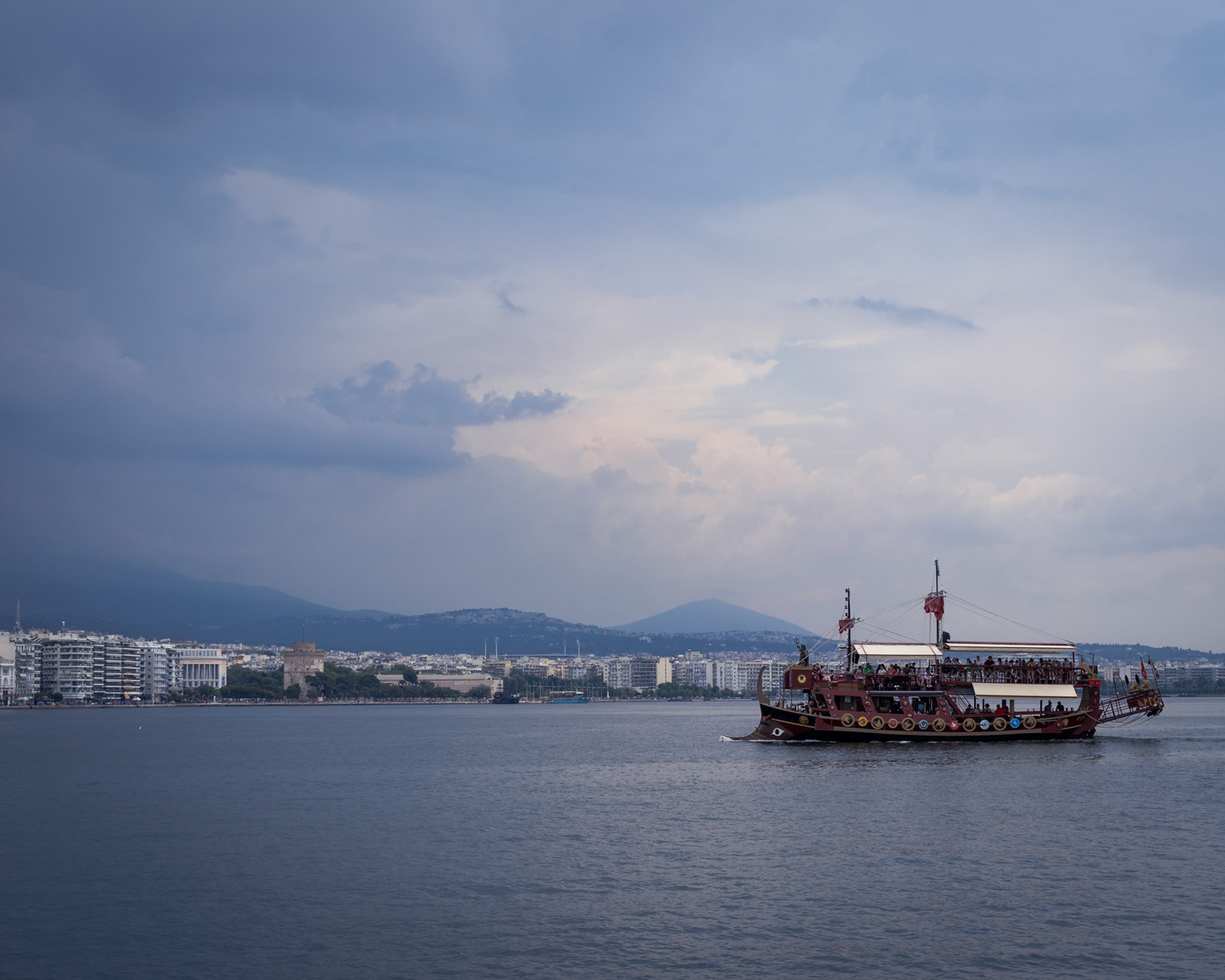 Pirate ship near the Thessaloniki Port on a cloudy day