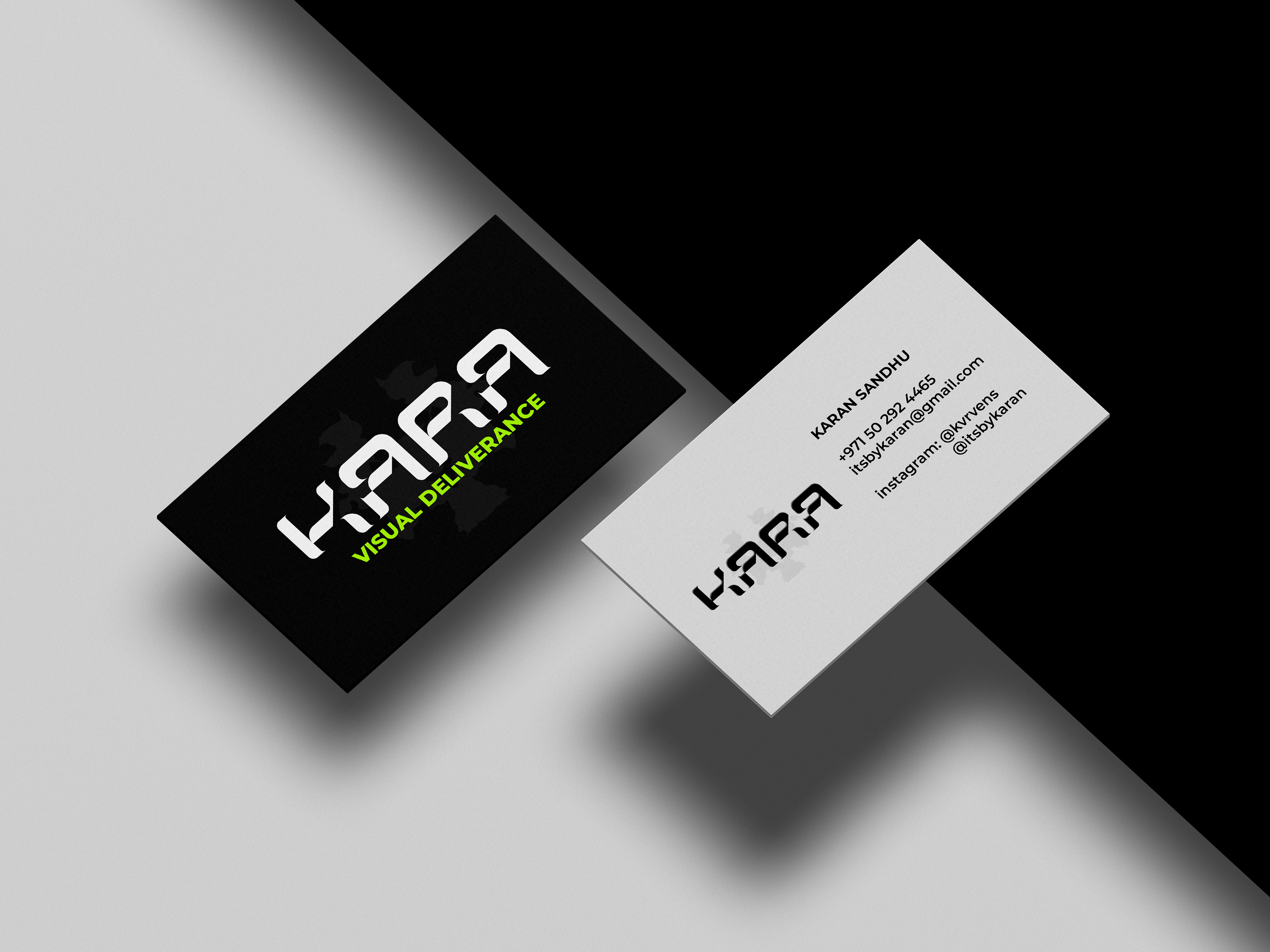 KARA personal identity logo displayed on minimalist business card design by Karan Sandhu.